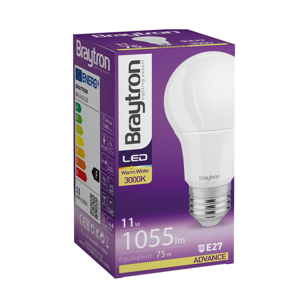 Braytron LED E27 11W Leuchtmittel Warmweiß 3000K, 1055 Lumen, ersetzt 75 w, energiesparend, langlebig, 230V – Ansicht 3
