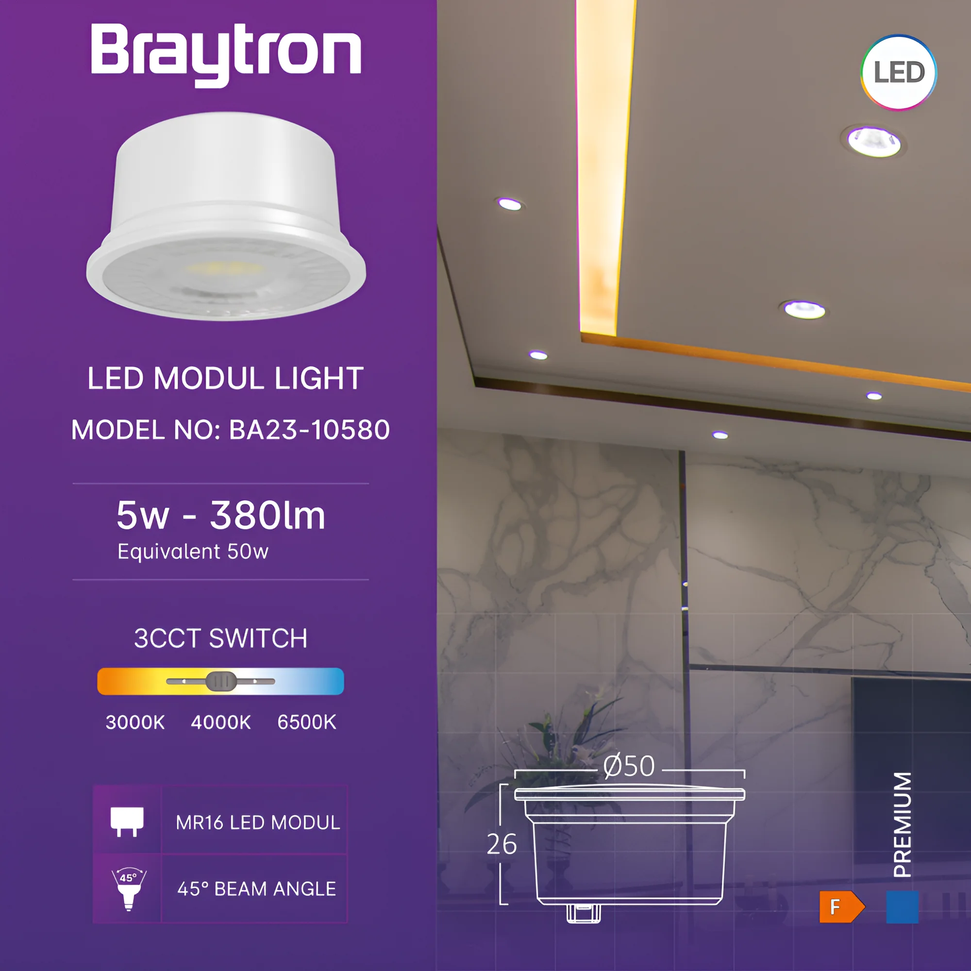 Braytron LED N/A 5W Leuchtmittel Warmweiß, Neutralweiß, Kaltweiß 3IN1, 450 Lumen, ersetzt 50 w, energiesparend, langlebig, 230V – Ansicht 3