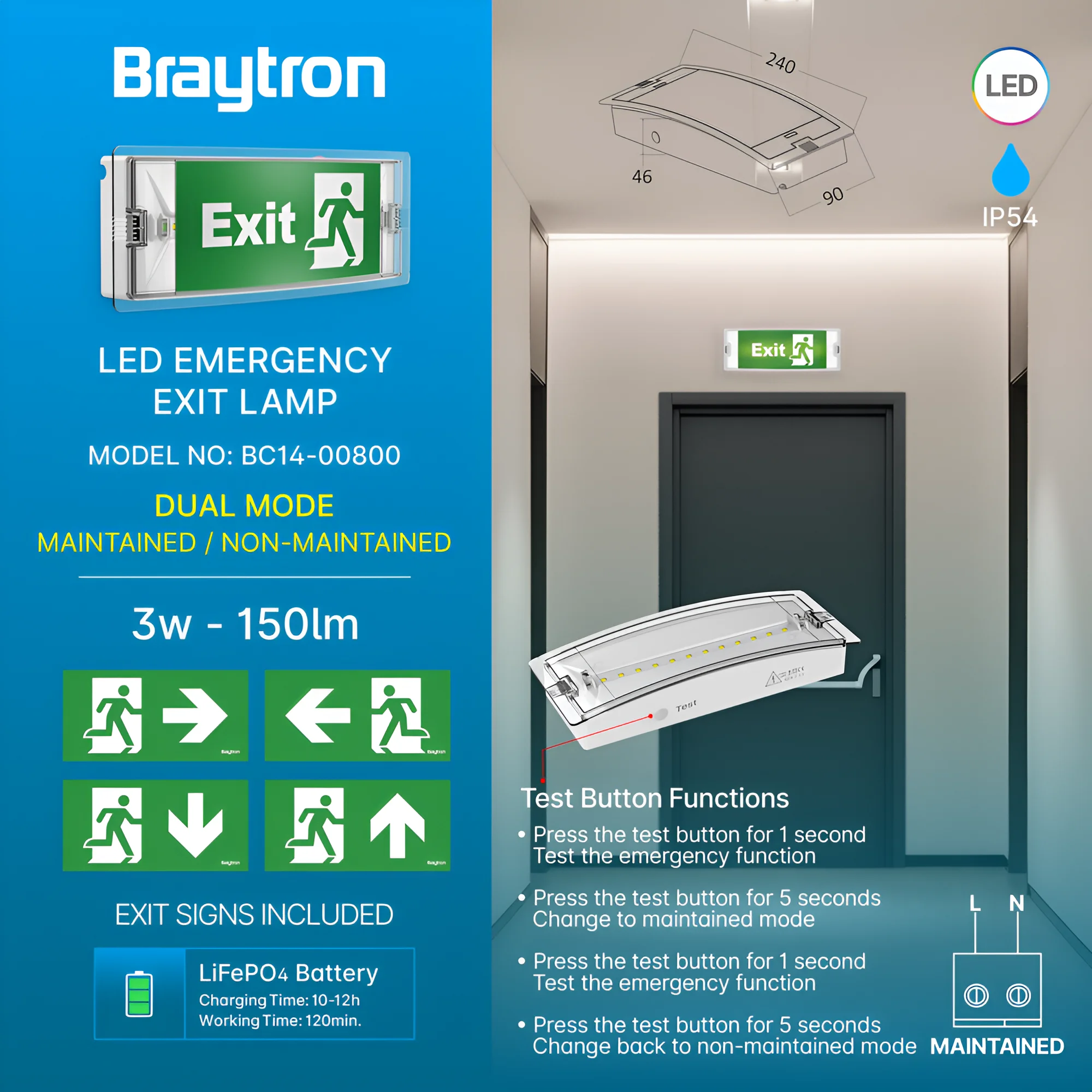 Braytron LED Notleuchte Rettungszeichenleuchte Fluchtwegleuchte Notlicht Notausgangsleuchte mit Akku 120 Min. 3W 150lm Rettungszeichenleuchte inkl. 4 Exit Piktogramme (rechts/links/oben/unten) IP65 – Ansicht 3