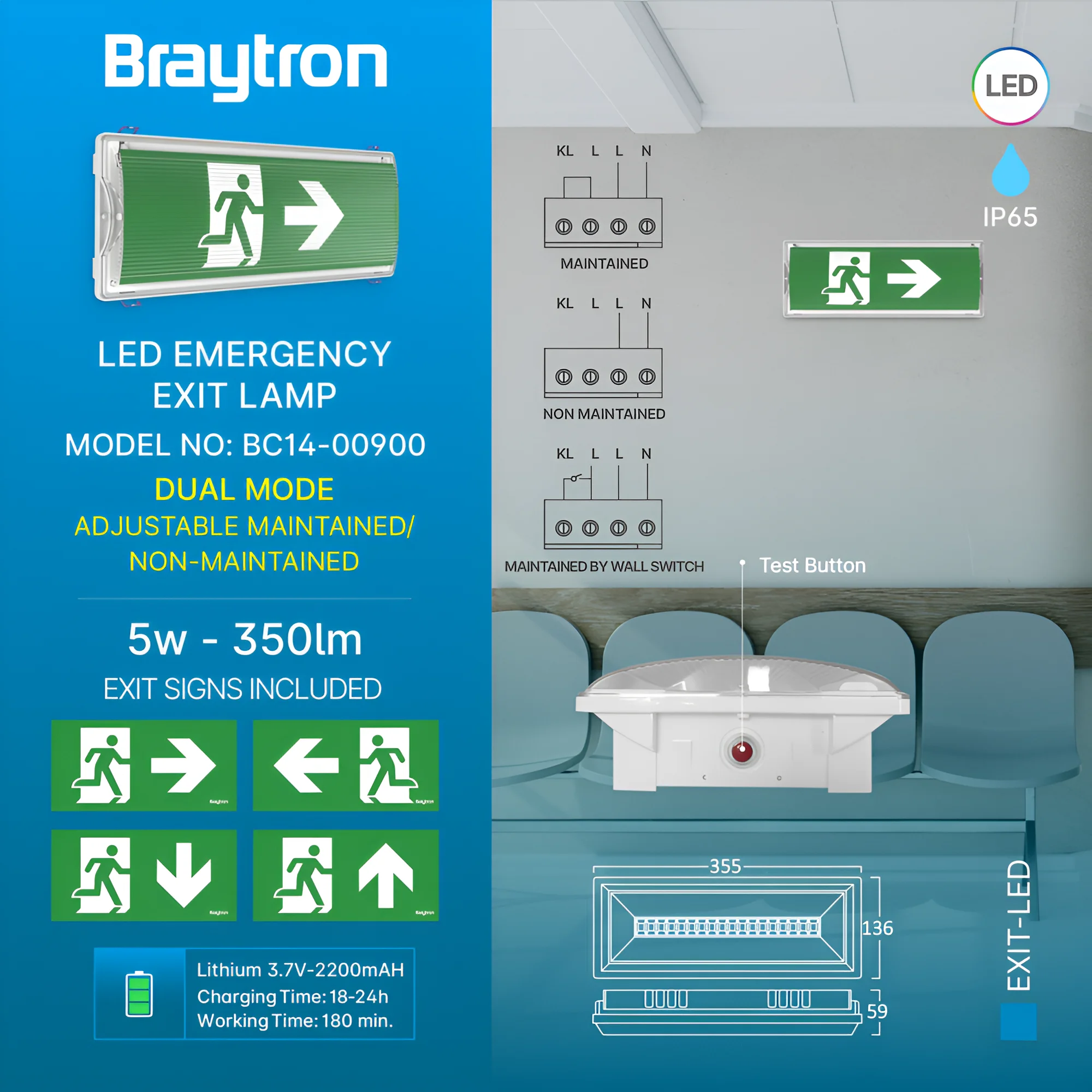 Braytron LED Notleuchte Notbeleuchtung, Akku Fluchtwegleuchte, IP65 – Ansicht 3