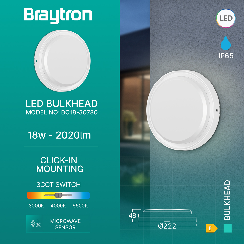 Braytron LED Wandleuchte Deckenleuchte mit Bewegungsmelder – 18W, IP65 – 3in1 Lichtfarbe (3000K/4000K/6500K) – Mikrowellen-Sensor – Außen- & Innenleuchte für Wand & Decke – rund, Ø 22 cm – Weiß – Ansicht 3