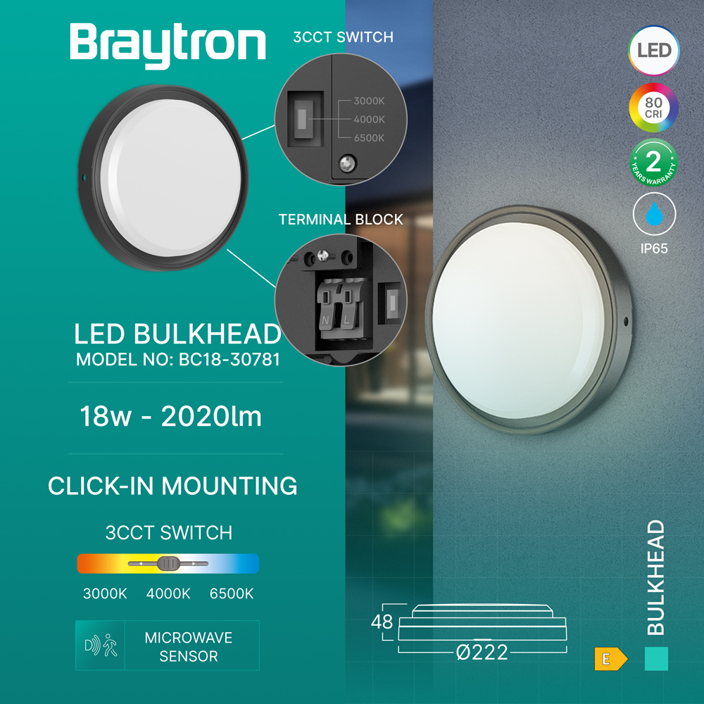 Braytron LED Strahler Außen 18W, 2020 Lumen, Warmweiß, Neutralweiß, Kaltweiß 3IN1, IP65 wasserdicht, mit Bewegungsmelder, Fluter Flutlicht Außenstrahler (Schwarz) – Ansicht 3