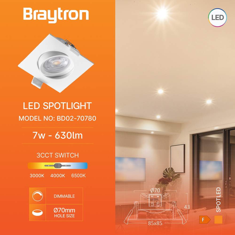 Braytron LED Deckenleuchte 7W 257 V Anschluss Warmweiß, Neutralweiß, Kaltweiß 3IN1, 750 Lumen, IP20 Deckenlampe für Wohnzimmer, Küche, Flur (Weiß) – Ansicht 3