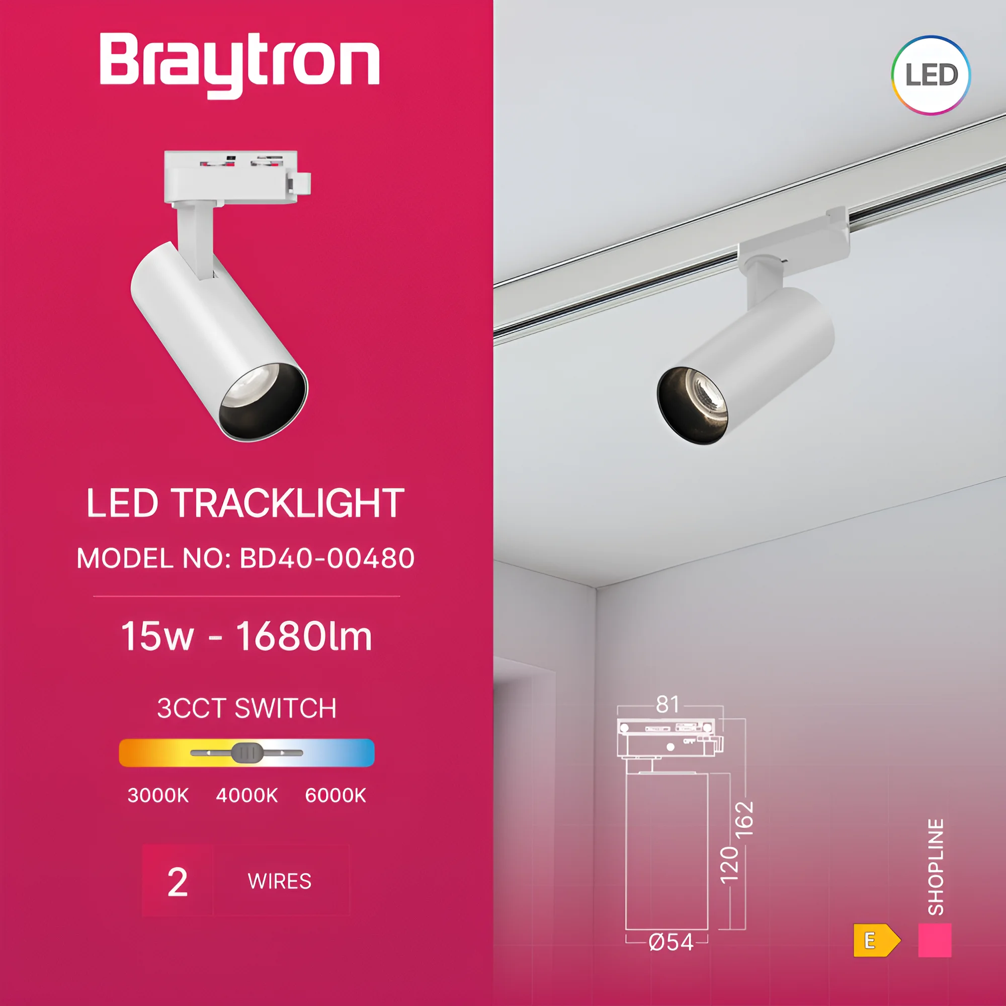 Braytron LED Schienenstrahler 15W für 1-Phasen Schienensystem, dreh- und schwenkbar, 3CCT 3000K 4000K 6500K, LED Track Light Aluminium Deckenstrahler für Büro, Shop, Küche (Weiß, 15, Watt) – Ansicht 3