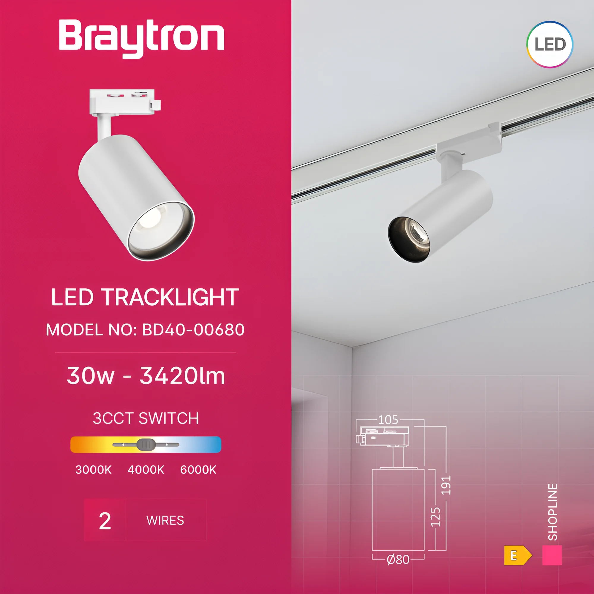 Braytron LED Schienenstrahler 30W für 1-Phasen Schienensystem, dreh- und schwenkbar, 3CCT 3000K 4000K 6500K, LED Track Light Aluminium Deckenstrahler für Büro, Shop, Küche (Weiß, 30, Watt) – Ansicht 3