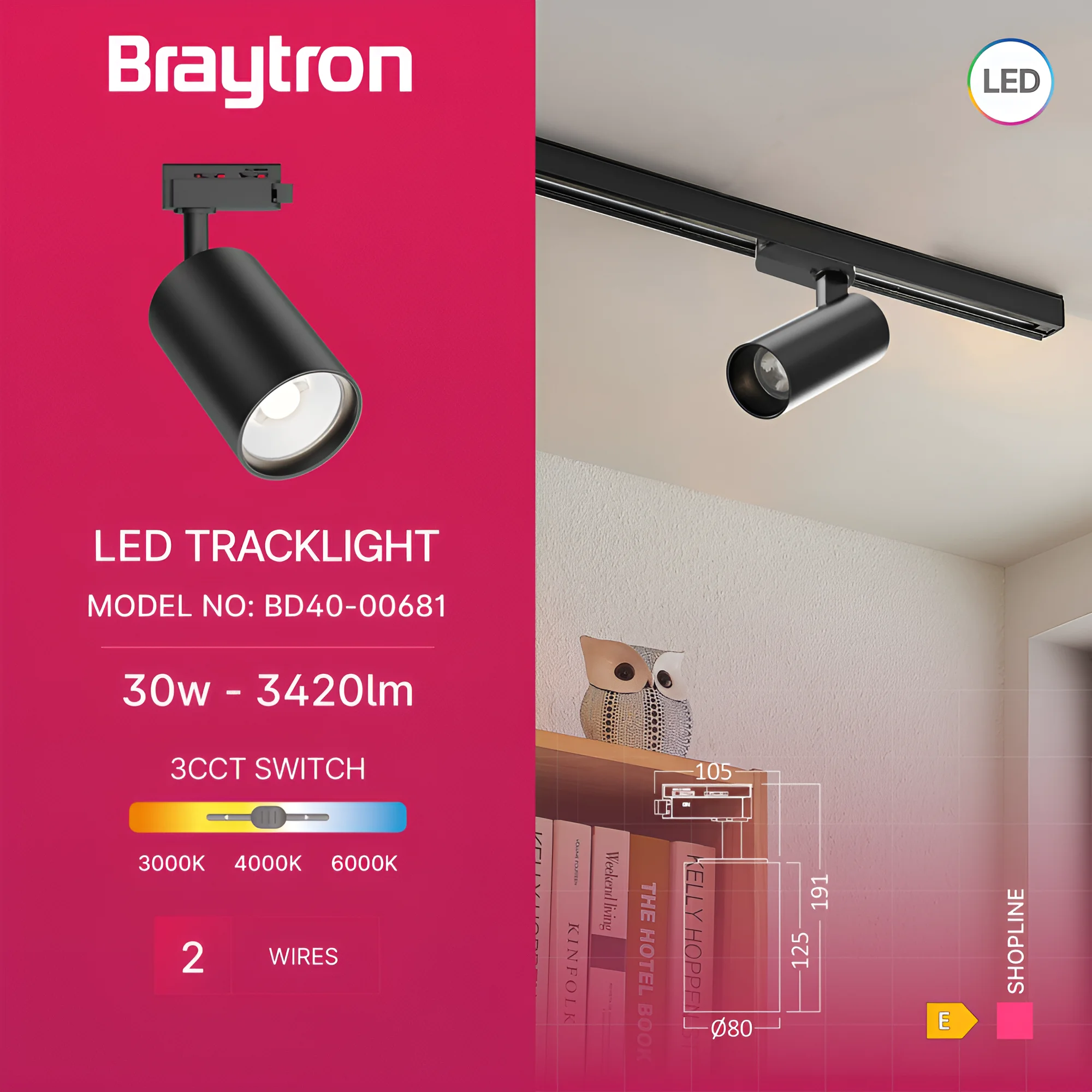 Braytron LED Schienenstrahler 30W für 1-Phasen Schienensystem, dreh- und schwenkbar, 3CCT 3000K 4000K 6500K, LED Track Light Aluminium Deckenstrahler, für Büro, Shop, Küche (Schwarz, 30, Watt) – Ansicht 3