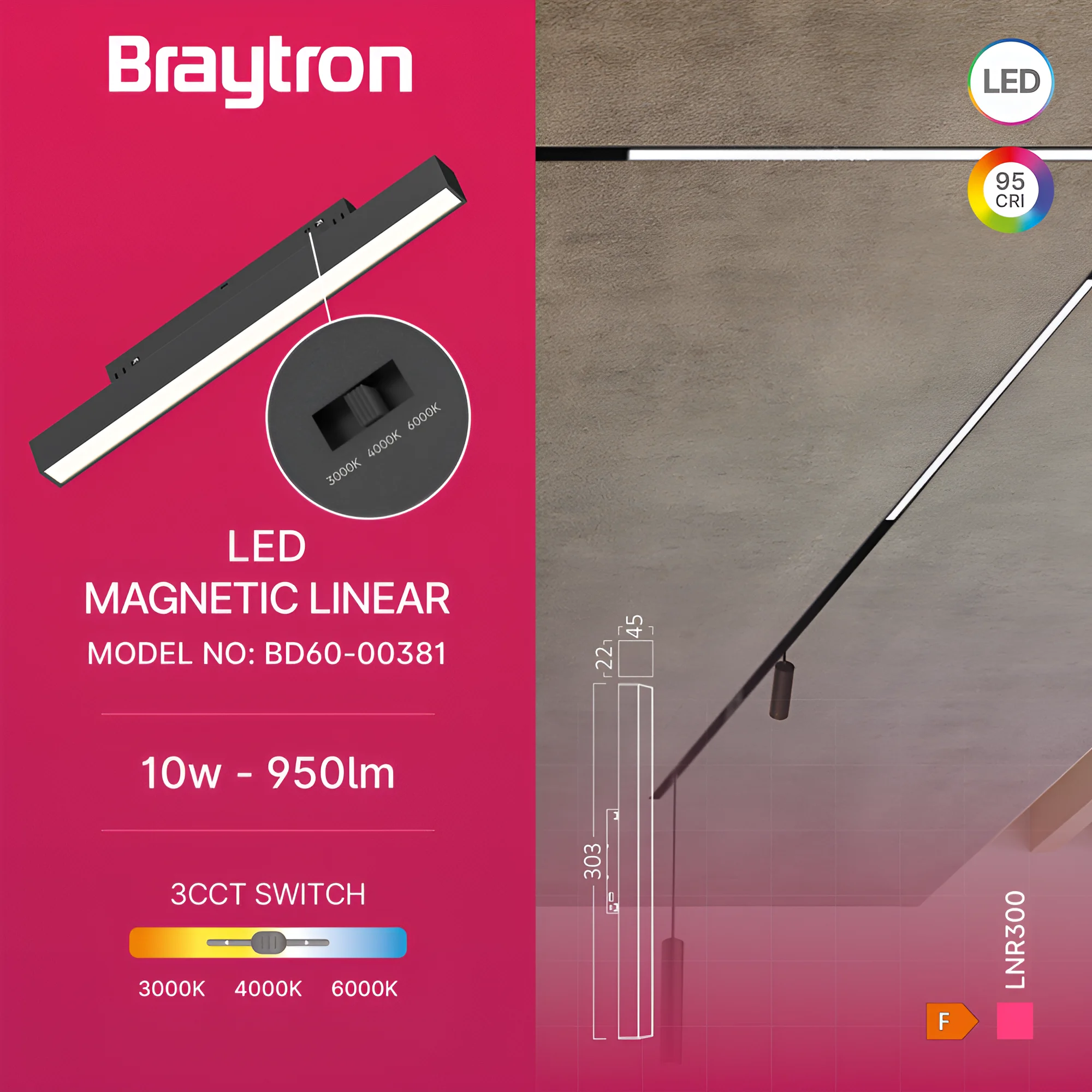 Braytron 48V LED Magnet Schienenleuchte Linear 3CCT 3000K–6000K, CRI≥95, 120° breitstrahlend, Aluminium Schwarz, Magnet Track Light für 48V Schienensystem, Wohnraum & Büro (10W) – Ansicht 3
