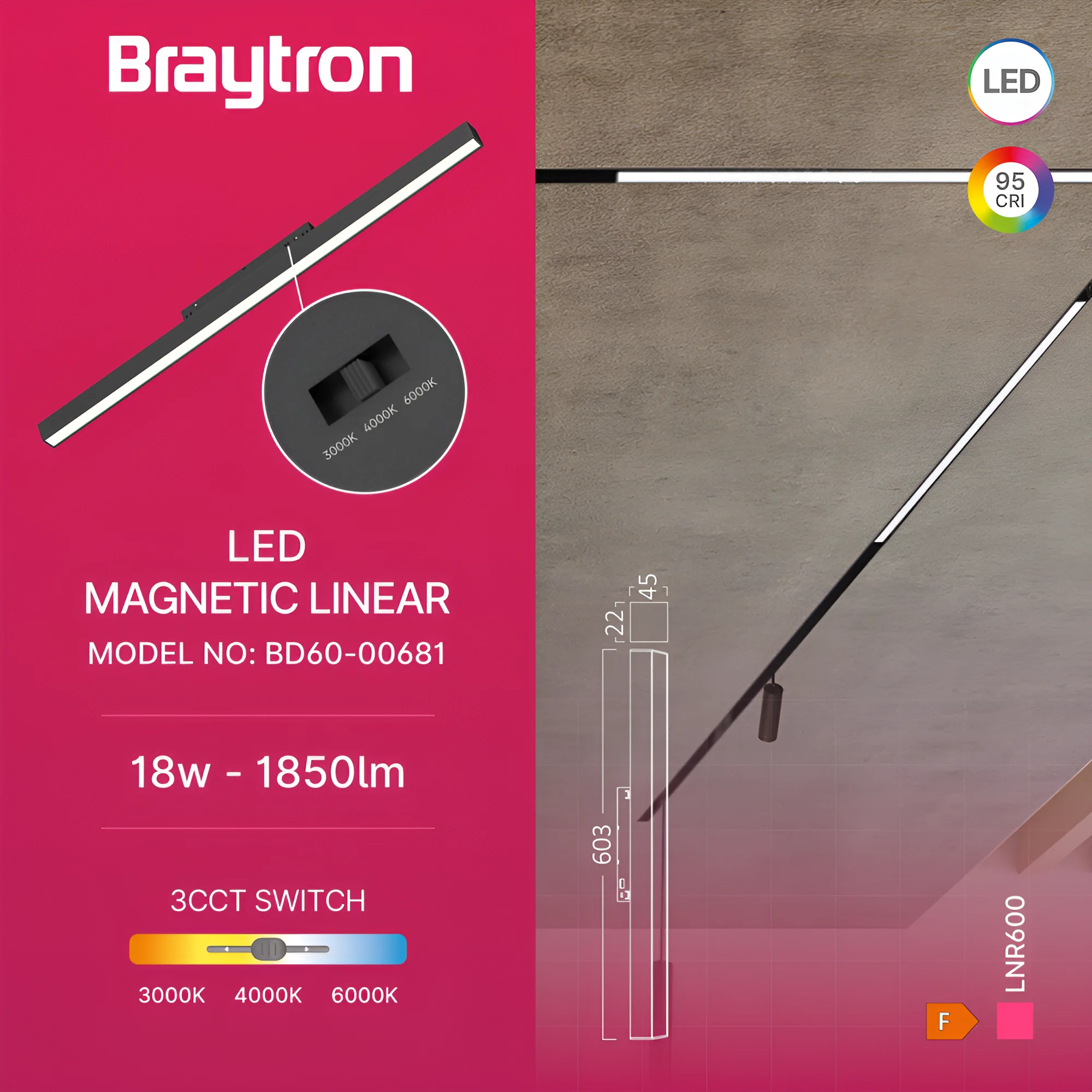 Braytron 48V LED Magnet Schienenleuchte Linear 3CCT 3000K–6000K, CRI≥95, 120° breitstrahlend, Aluminium Schwarz, Magnet Track Light für 48V Schienensystem, Wohnraum & Büro (18W) – Ansicht 3