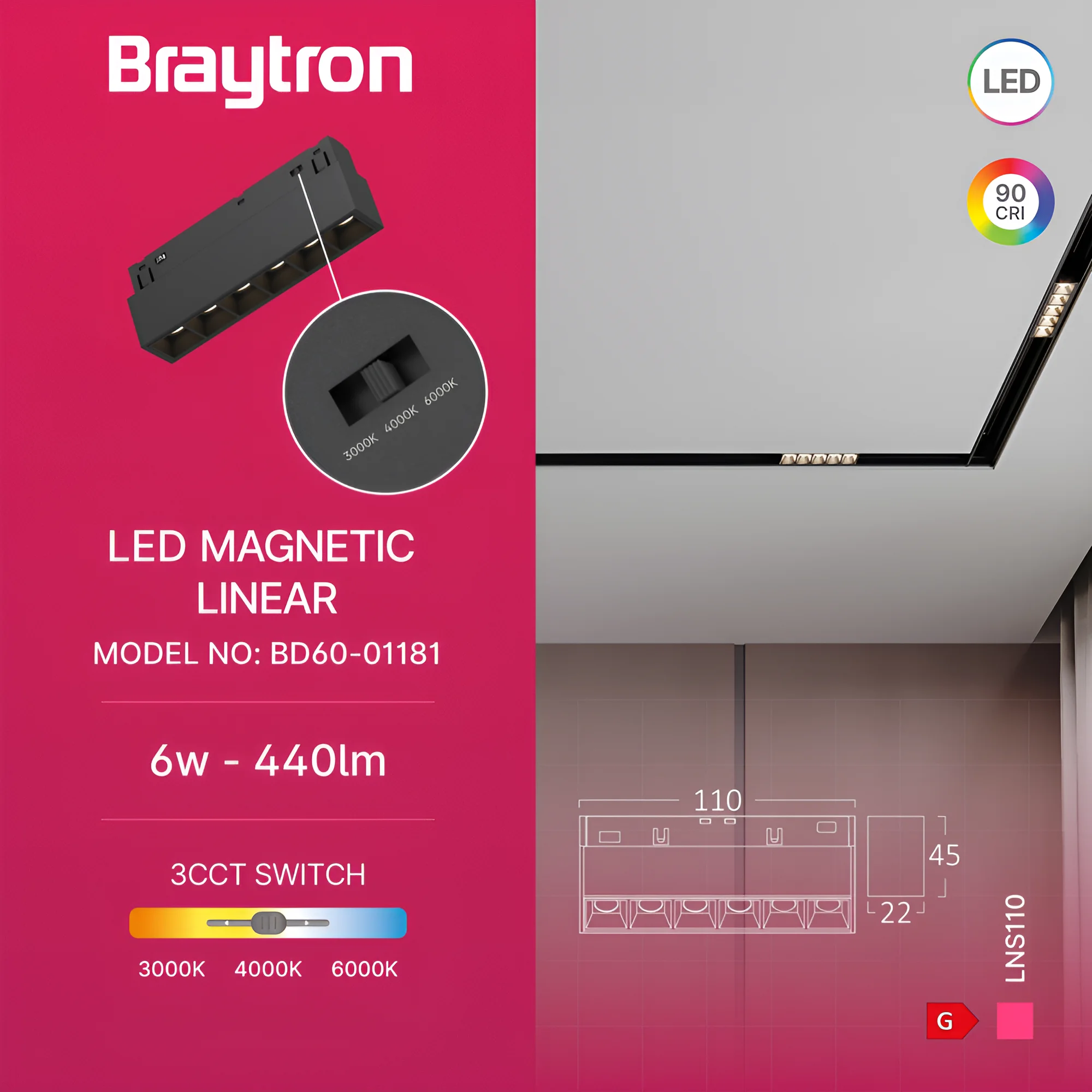 Braytron 48V LED Magnet Schienenleuchte Linear 3CCT 3000K–6000K, CRI≥90, 24° Spot, Aluminium Schwarz, Magnet Track Light für 48V Schienensystem, Wohnraum, Büro, Retail (6W flach) – Ansicht 3