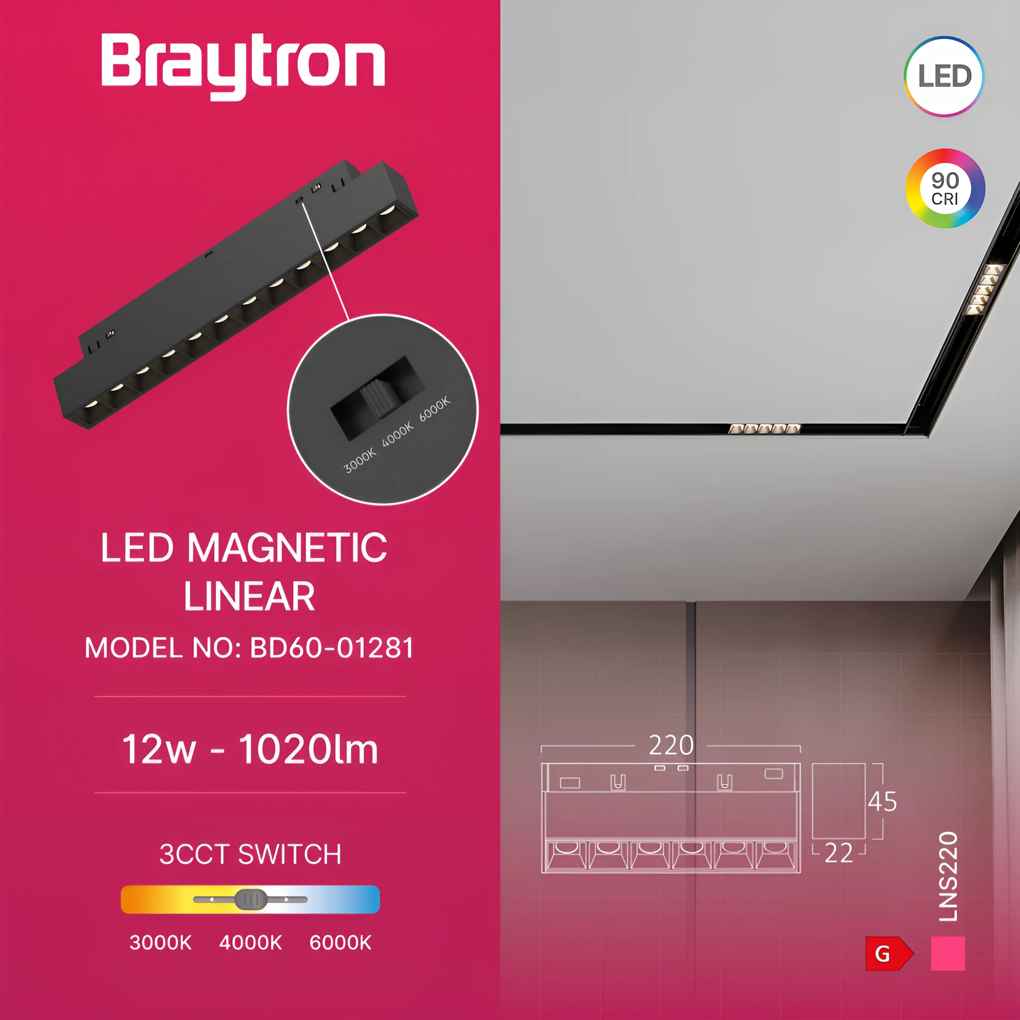 Braytron 48V LED Magnet Schienenleuchte Linear 3CCT 3000K–6000K, CRI≥90, 24° Spot, Aluminium Schwarz, Magnet Track Light für 48V Schienensystem, Wohnraum, Büro, Retail (12W flach) – Ansicht 3