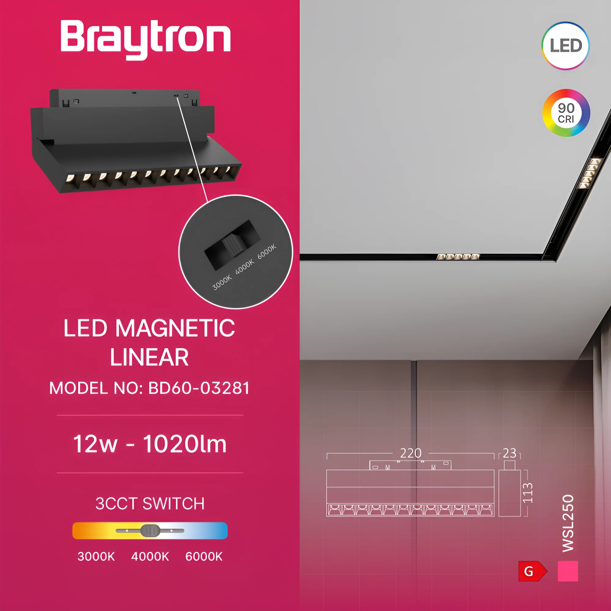 Braytron 48V LED Magnet Schienenleuchte Linear 3CCT 3000K–6000K, CRI≥90, 24° Spot, Aluminium Schwarz, Magnet Track Light für 48V Schienensystem, Wohnraum, Büro, Retail (12W Aufbau) – Ansicht 4