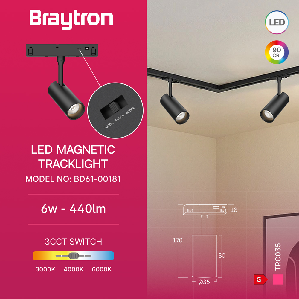 Braytron 48V LED Magnet-Schienenstrahler 6W / 10W / 18W – 3CCT 3000K-6000K, CRI≥90, 24° Abstrahlwinkel, drehbar & schwenkbar, Aluminium Schwarz, Magnetic Track Light für 48V DC (6W) – Ansicht 3