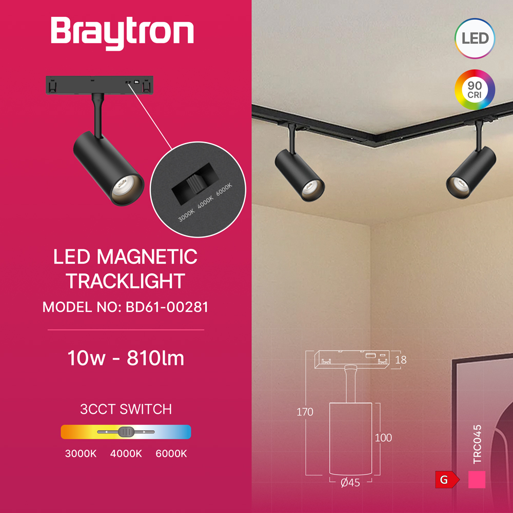 Braytron 48V LED Magnet-Schienenstrahler 6W / 10W / 18W – 3CCT 3000K-6000K, CRI≥90, 24° Abstrahlwinkel, drehbar & schwenkbar, Aluminium Schwarz, Magnetic Track Light für 48V DC (10W) – Ansicht 3