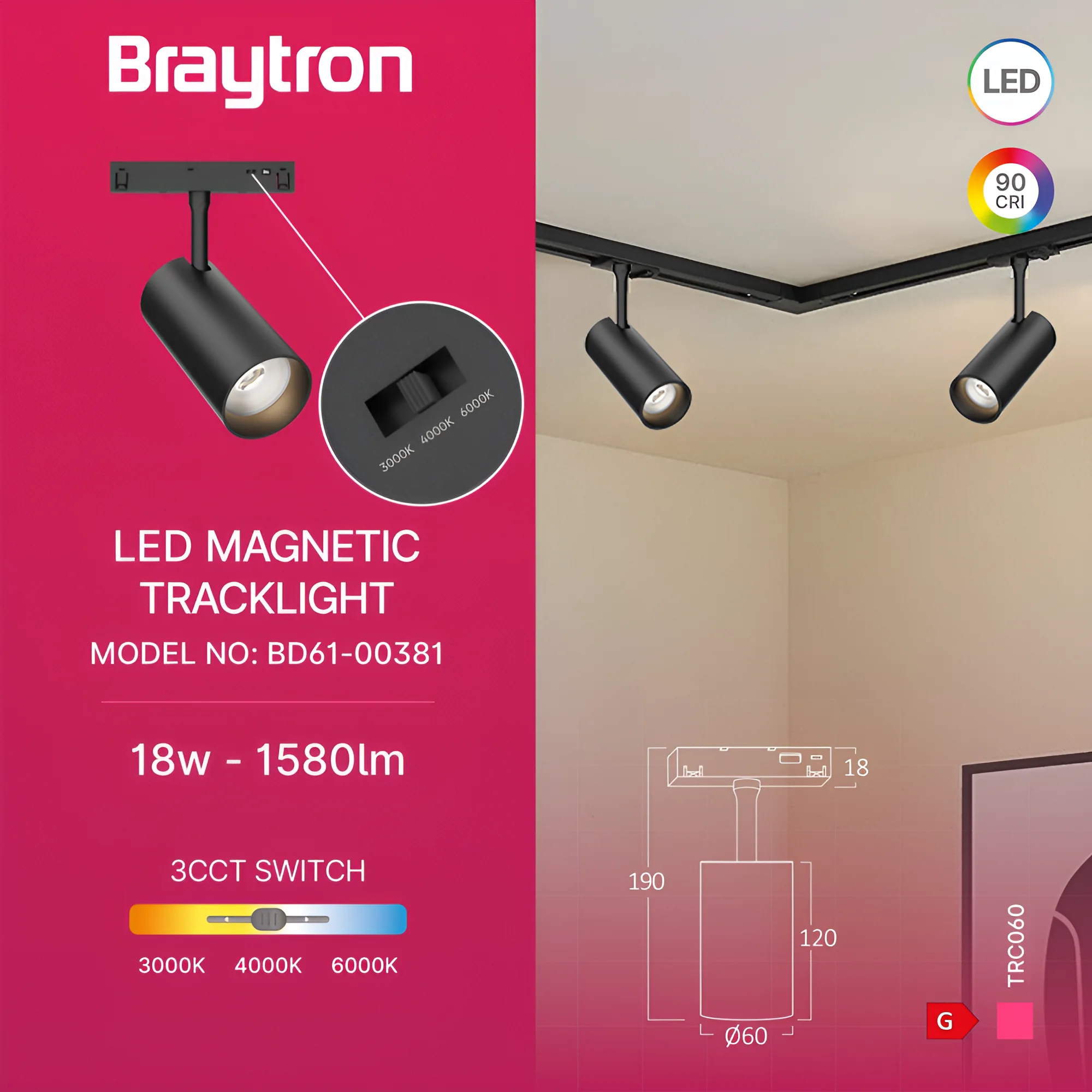 Braytron 48V LED Magnet-Schienenstrahler 18 Watt 3CCT 3000K–6000K 1580 Lumen CRI ≥90 24° LED Schienenleuchte drehbar schwenkbar Magnet-Schienensystem Aluminium schwarz Magnetic Track Light 48V DC – Ansicht 3