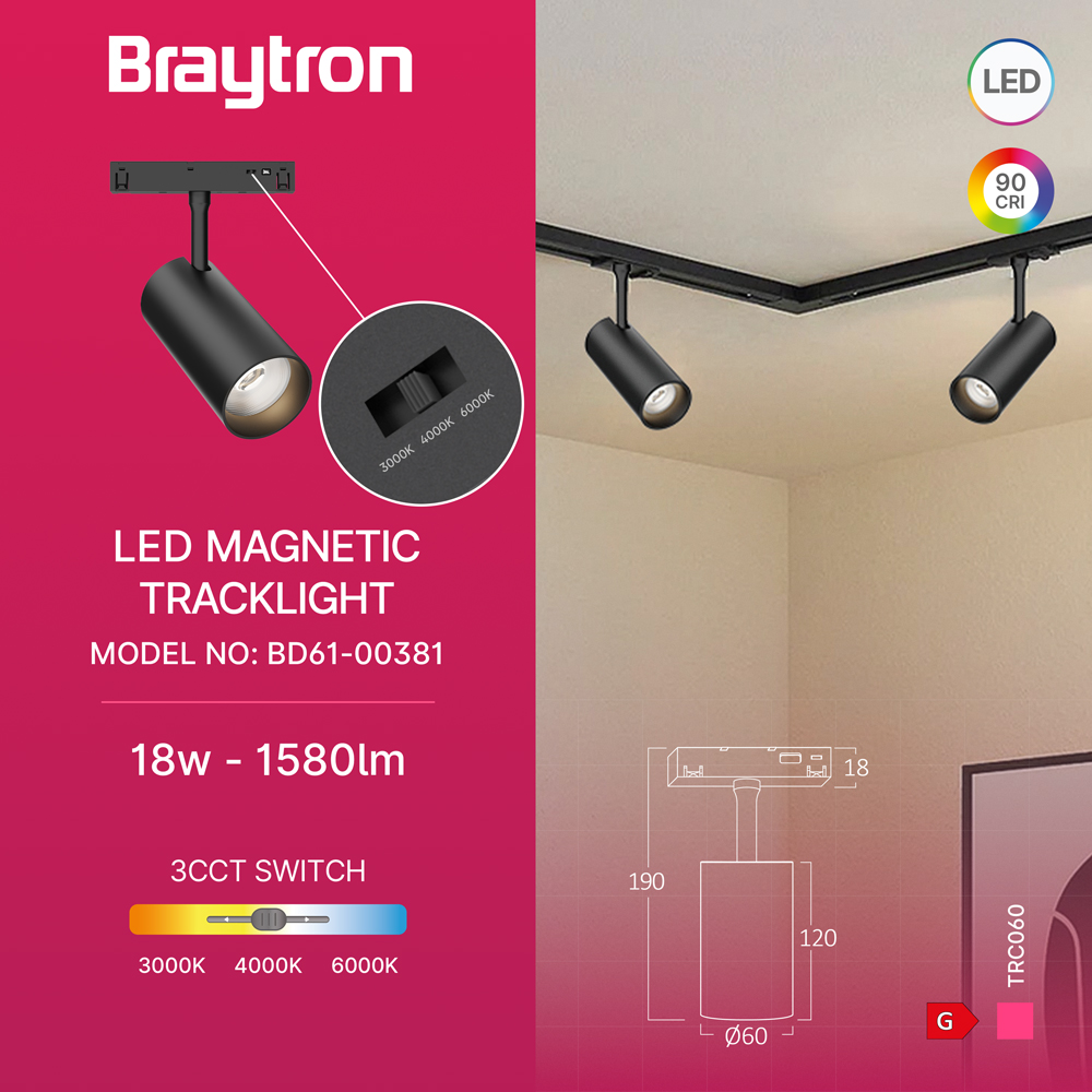 Braytron 48V LED Magnet-Schienenstrahler 18 Watt 3CCT 3000K–6000K 1580 Lumen CRI ≥90 24° LED Schienenleuchte drehbar schwenkbar Magnet-Schienensystem Aluminium schwarz Magnetic Track Light 48V DC – Ansicht 3