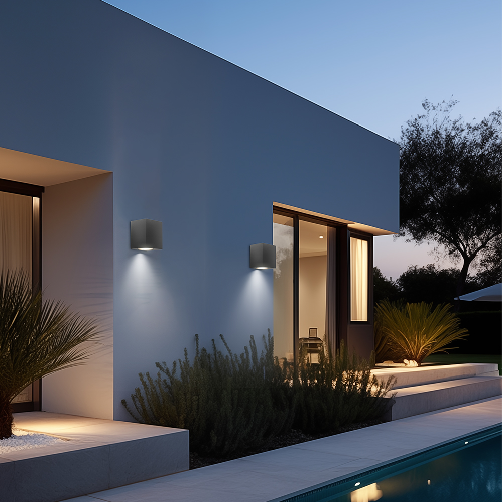 Braytron LED Außenwandleuchte Anthrazit, eckig (Cube), GU10 Fassung, IP44, Downlight Wandlampe für Garten, Terrasse & Fassade – Ansicht 2