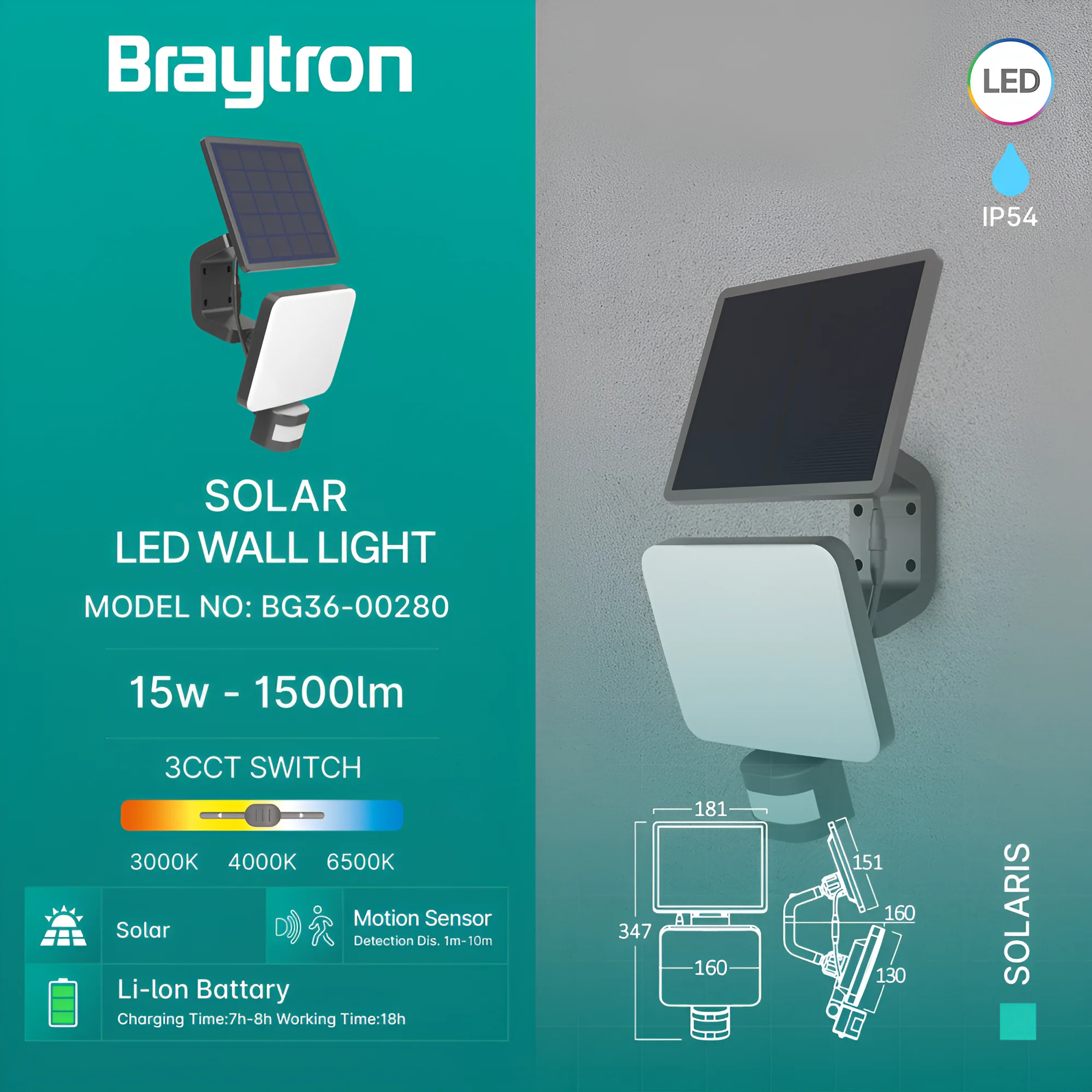 Braytron Solar LED Wandleuchte Außen 15W 1500lm mit Bewegungsmelder | 3CCT 3000K/4000K/6500K | IP54 Wasserdicht | Li-Ion Akku 18h Betriebsdauer | 3m Verlängerungskabel | Solarlampe Wandmontage – Ansicht 3