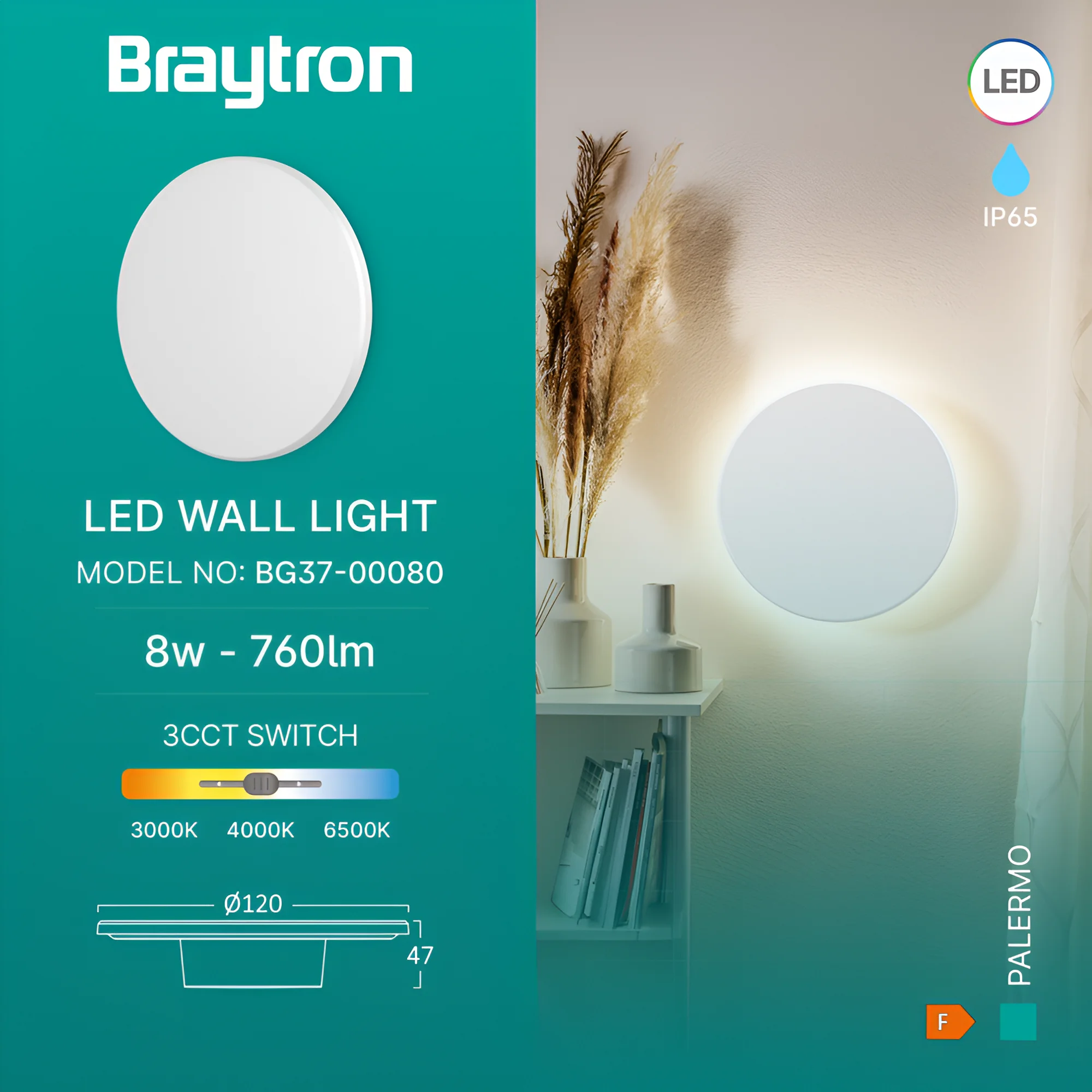 Braytron LED Wandleuchte Außen Rund Ø120 mm, 8W 760lm, IP65 Wasserdicht, 3CCT Farbtemperatur Einstellbar 3000K–6000K, Moderne Indirekte Wandlampe für Balkon, Terrasse, Flur & Badezimmer, Weiß – Ansicht 3