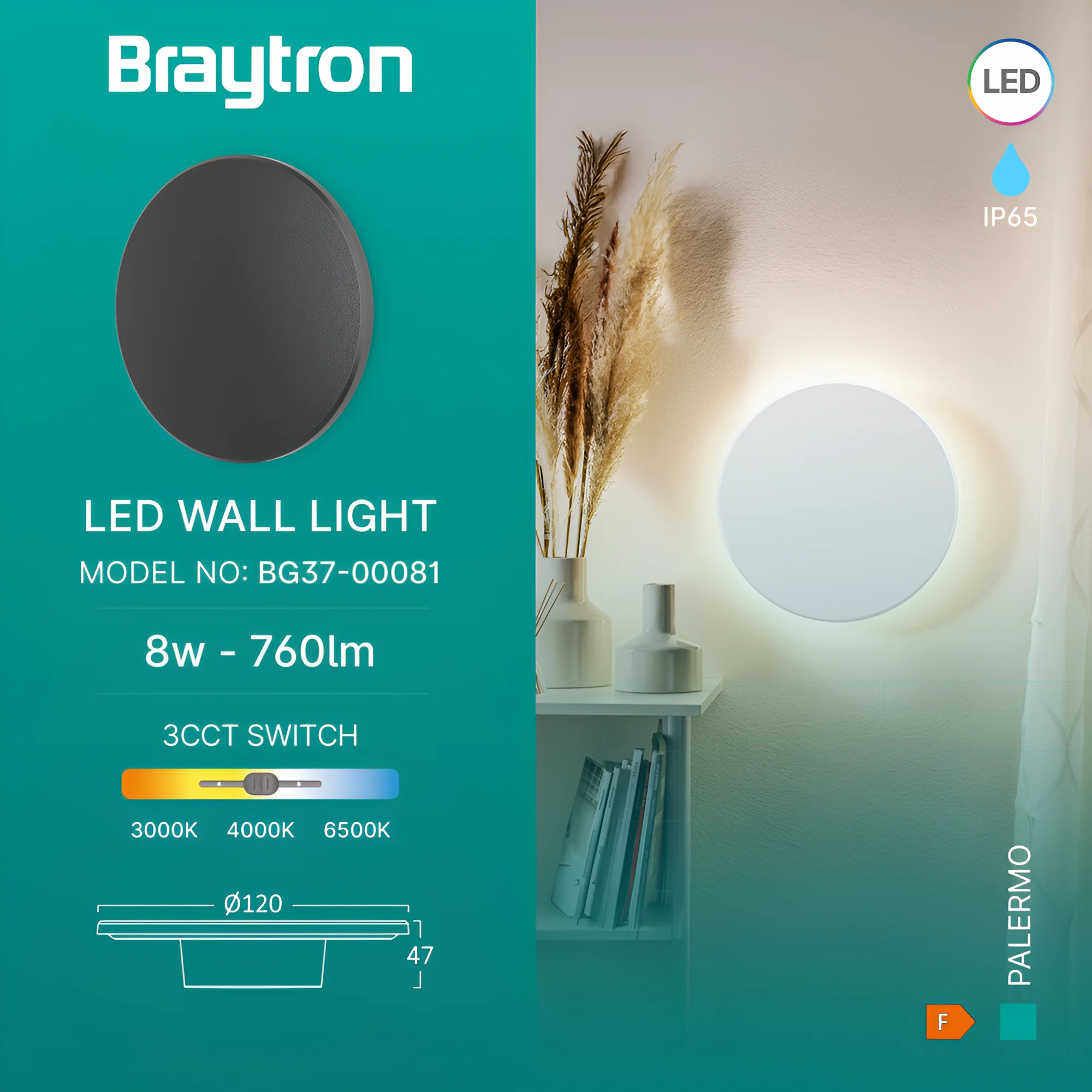 Braytron LED Wandleuchte Außen Rund Ø120 mm, 8W 760lm, IP65 Wasserdicht, 3CCT 3000K–6000K Einstellbar, Indirekte Designer Wandlampe Modern für Balkon, Terrasse, Flur, Bad, Schwarz – Ansicht 3