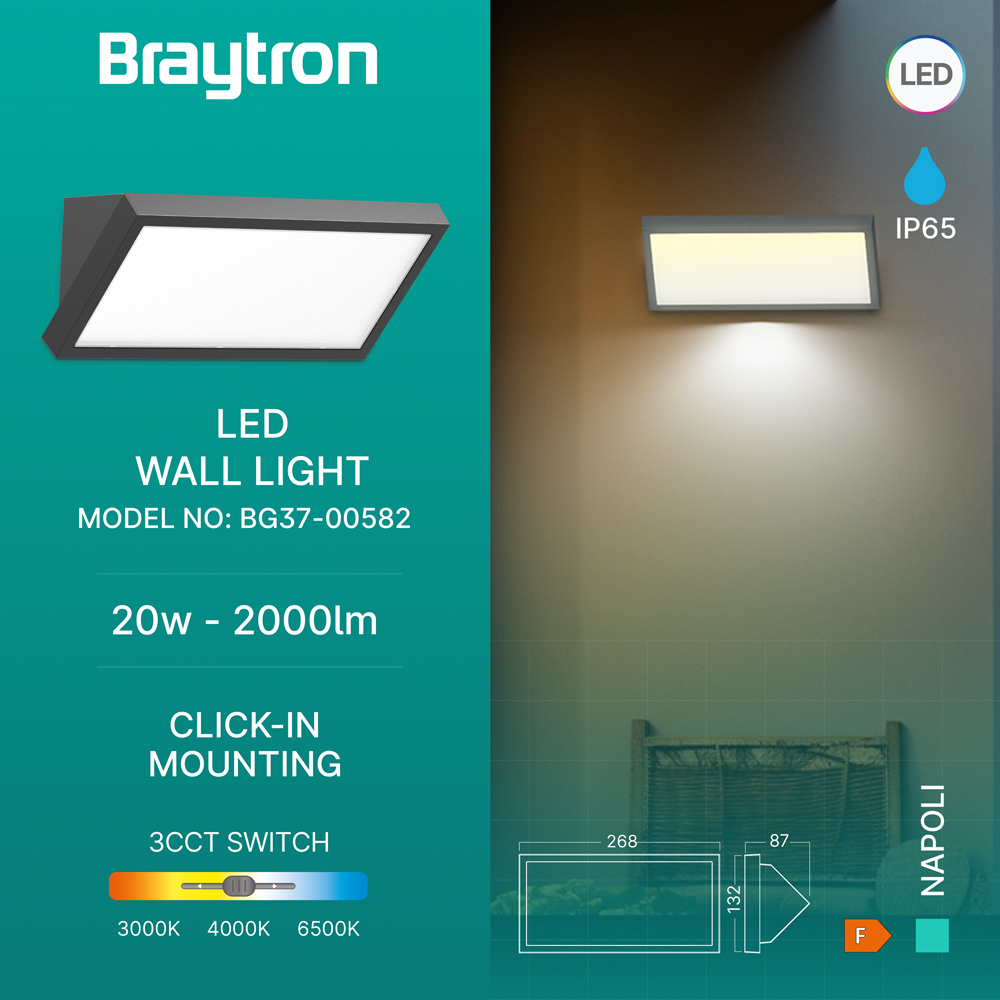 Braytron LED Strahler Außen 20W, 2000 Lumen, Warmweiß, Neutralweiß, Kaltweiß 3IN1, IP65 wasserdicht, Fluter Flutlicht Außenstrahler (Dark Grey) – Ansicht 3