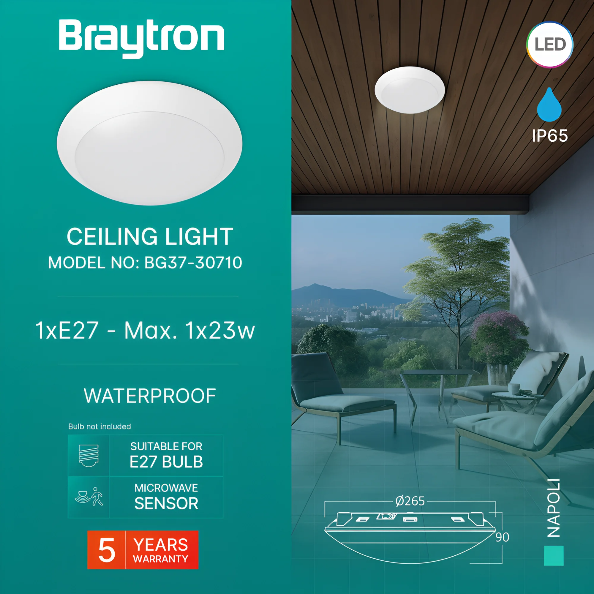 Braytron Außen Deckenleuchte IP65 Ø265mm Weiß – E27 Fassung max.23W – Runde Feuchtraumlampe mit Bewegungsmelder (Microwave Sensor) für Bad, Keller, Garage & Balkon – Ansicht 4