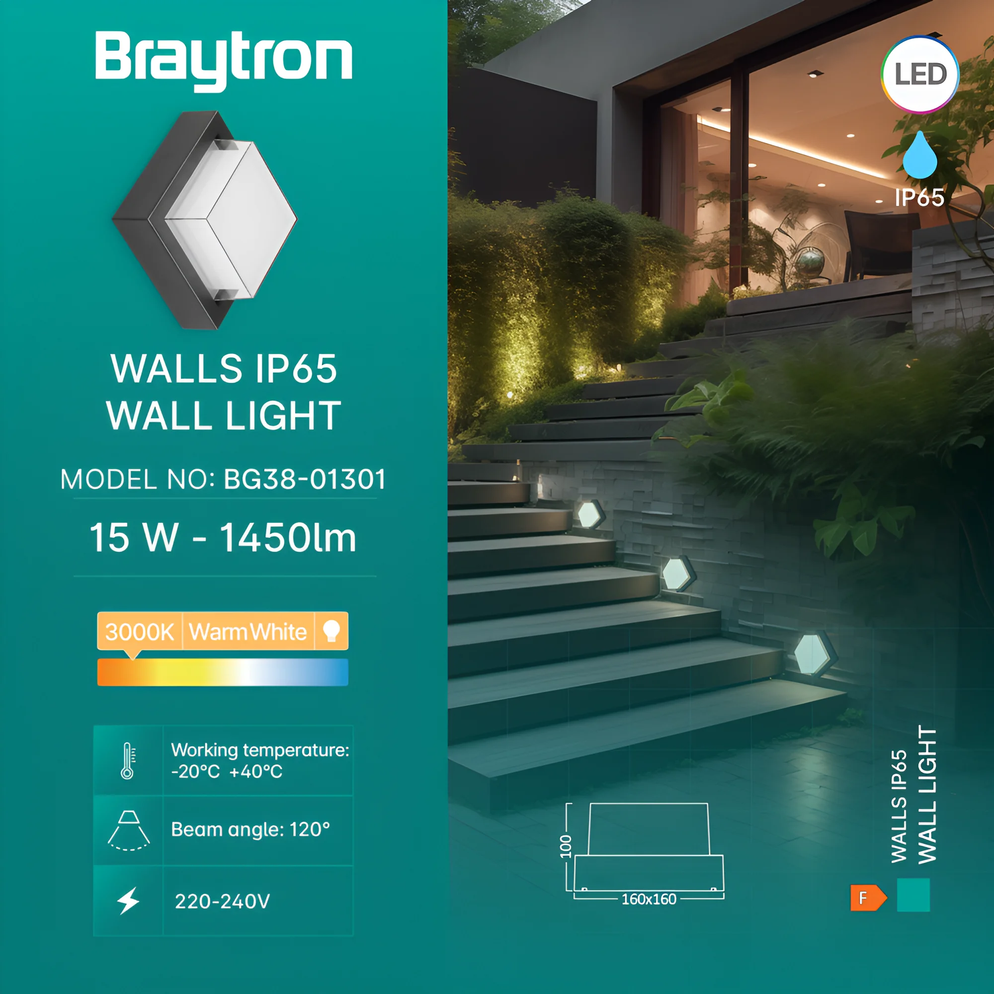 Braytron LED Eckige Wandleuchte Außen 15W IP65 Warmweiß 3000K – Wetterfeste Wandlampe Deckenlampe für Eingang, Treppenhaus, Balkon, Fassade – 1450lm, 120° Abstrahlwinkel, langlebig & energiesparend – Ansicht 4