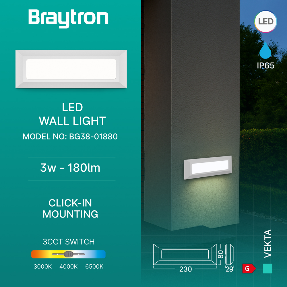 Braytron LED Wandleuchte Außen IP65 3W 3CCT (3000K/4000K/6500K) – Direkt oder Indirekt – Stufenleuchte Treppenbeleuchtung Wandlampe Außenbereich Schwarz Weiß Grau – 180lm (Weiß, dirket) – Ansicht 3