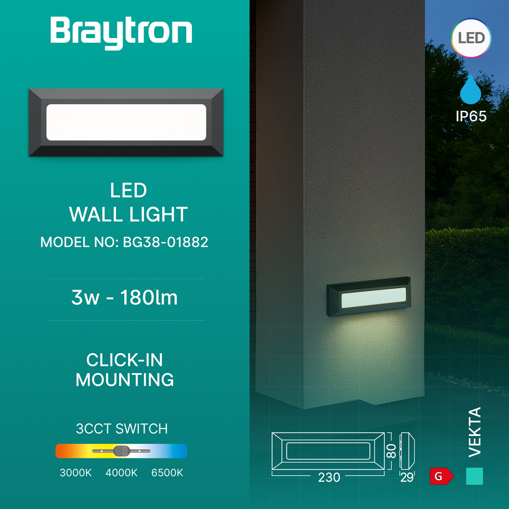 Braytron LED Wandleuchte Außen IP65 3W 3CCT (3000K/4000K/6500K) – Direkt oder Indirekt – Stufenleuchte Treppenbeleuchtung Wandlampe Außenbereich Schwarz Weiß Grau – 180lm (Grau, dirket) – Ansicht 3