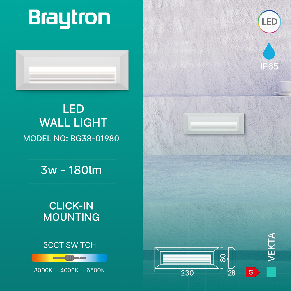 Braytron LED Wandleuchte Außen IP65 3W 3CCT (3000K/4000K/6500K) – Direkt oder Indirekt – Stufenleuchte Treppenbeleuchtung Wandlampe Außenbereich Schwarz Weiß Grau – 180lm (Weiß, Indirket) – Ansicht 3