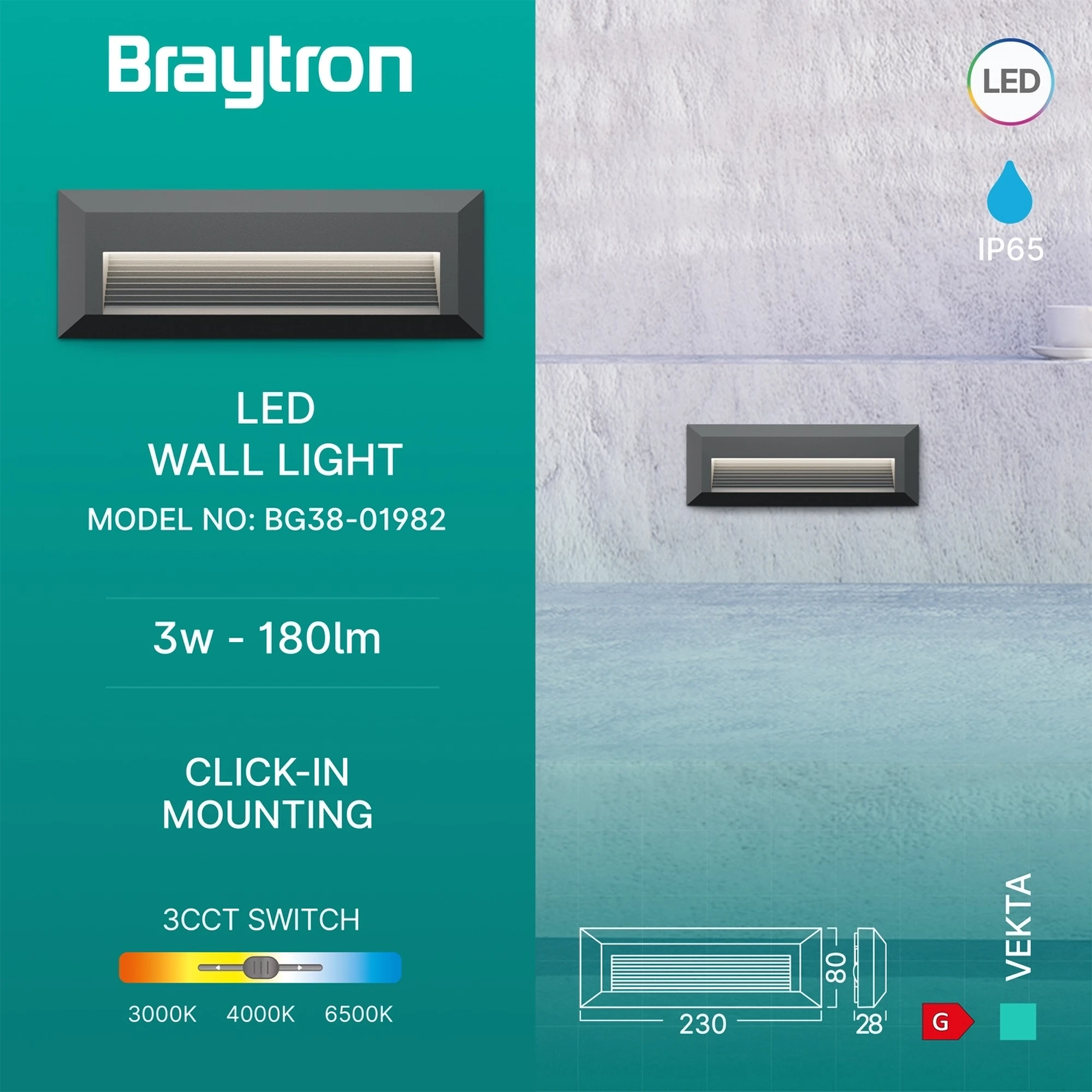 Braytron LED Wandleuchte Außen IP65 3W 3CCT (3000K/4000K/6500K) – Direkt oder Indirekt – Stufenleuchte Treppenbeleuchtung Wandlampe Außenbereich Schwarz Weiß Grau – 180lm (Grau, Indirket) – Ansicht 3