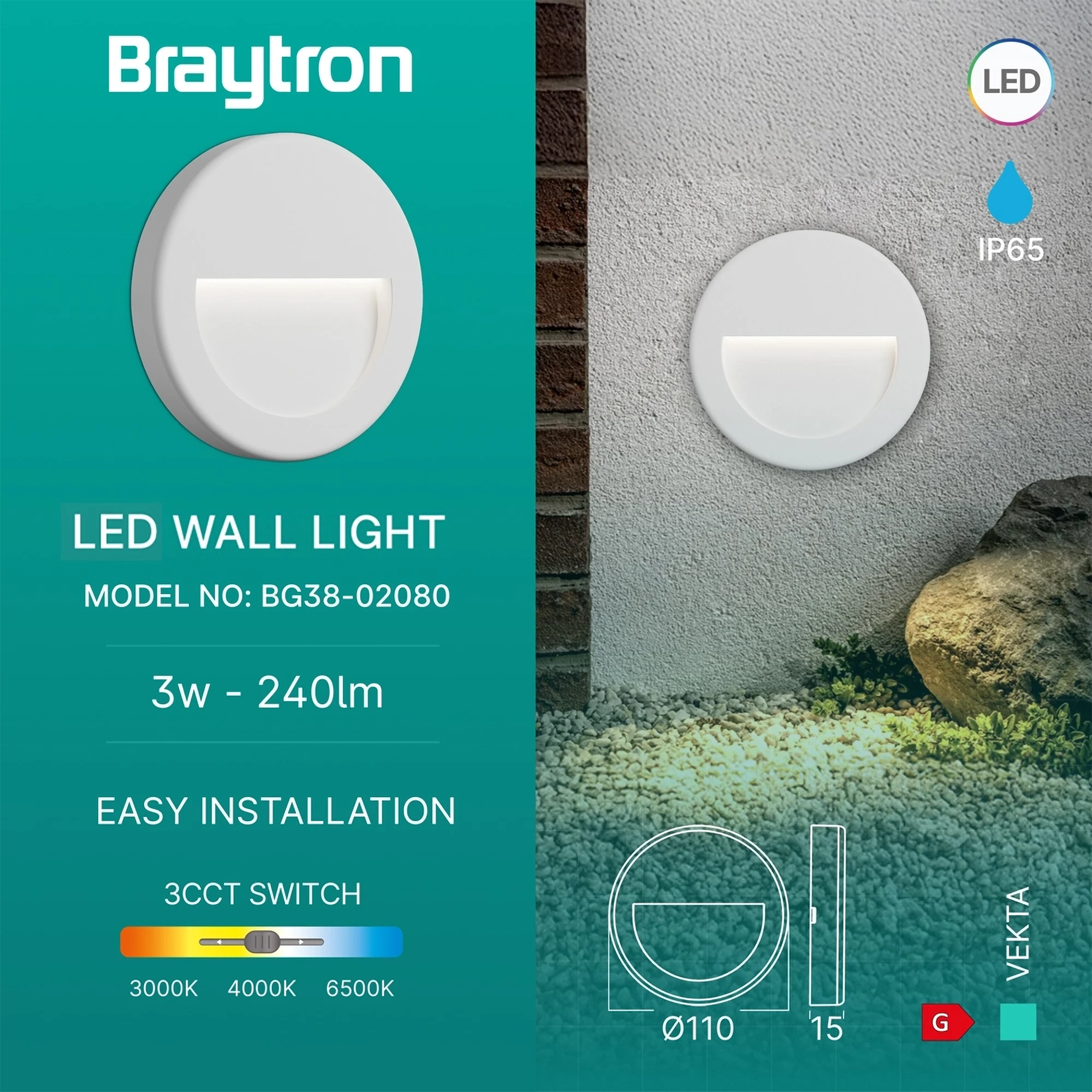 Braytron LED Strahler Außen 3W, 240 Lumen, Warmweiß, Neutralweiß, Kaltweiß 3IN1, IP65 wasserdicht, Fluter Flutlicht Außenstrahler (Weiß) – Ansicht 3