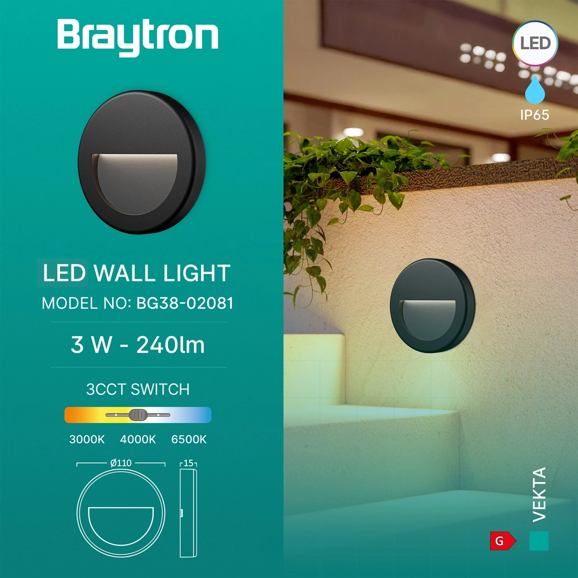 Braytron LED Strahler Außen 3W, 240 Lumen, Warmweiß, Neutralweiß, Kaltweiß 3IN1, IP65 wasserdicht, Fluter Flutlicht Außenstrahler (Schwarz) – Ansicht 3