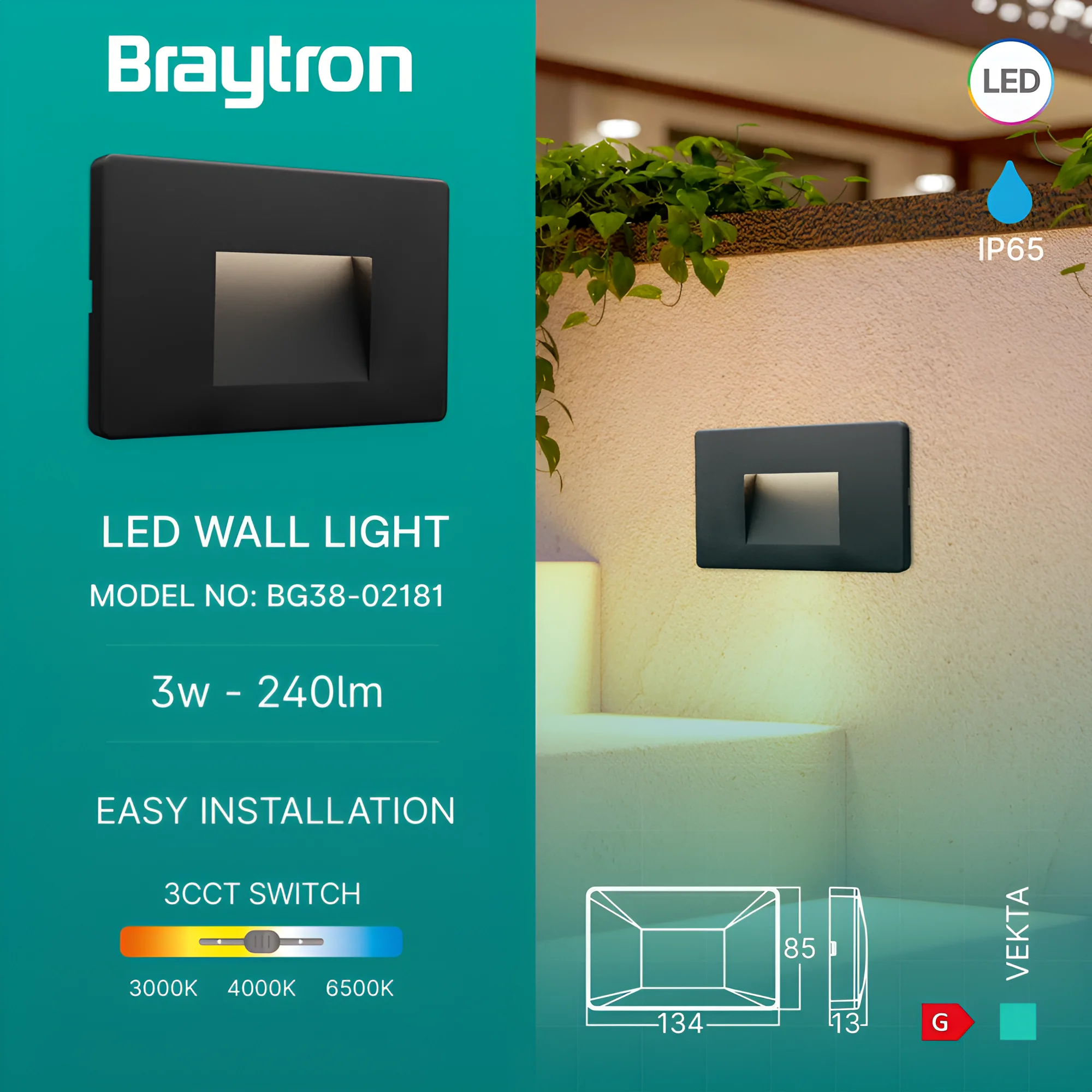Braytron LED Strahler Außen 3W, 240 Lumen, Warmweiß, Neutralweiß, Kaltweiß 3IN1, IP65 wasserdicht, Fluter Flutlicht Außenstrahler (Schwarz) – Ansicht 3