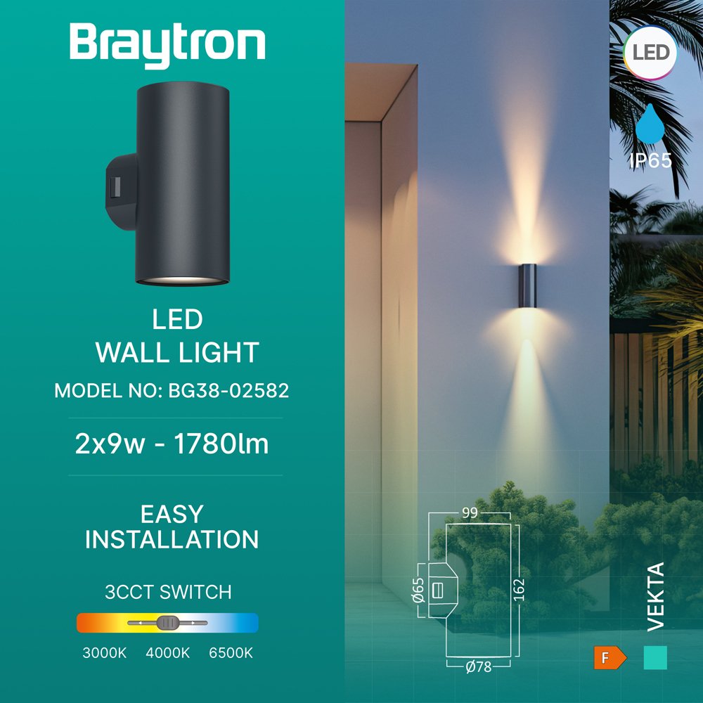 Braytron LED Wandleuchte Außen Zylinder Rund 2x 9W IP65, 3in1 Up&Down Außenlampe, Wandlicht für Terrasse, Balkon & Garten, wetterfest, modernes Design, warmweiß/neutrales Weiß/kaltweiß wählbar CCT – Ansicht 3
