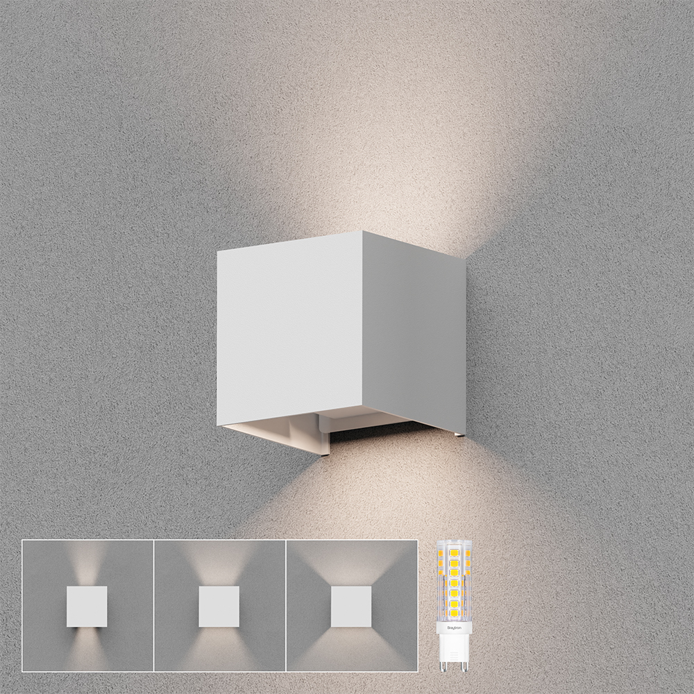 Braytron LED Wandleuchte in Würfelform für Außen & Innen, Aluminium Wandlampe IP54 mit austauschbarer G9 LED Lampe, einstellbarer Abstrahlwinkel, moderne Außenbeleuchtung für Haus & Garten (Weiß) – Ansicht 2