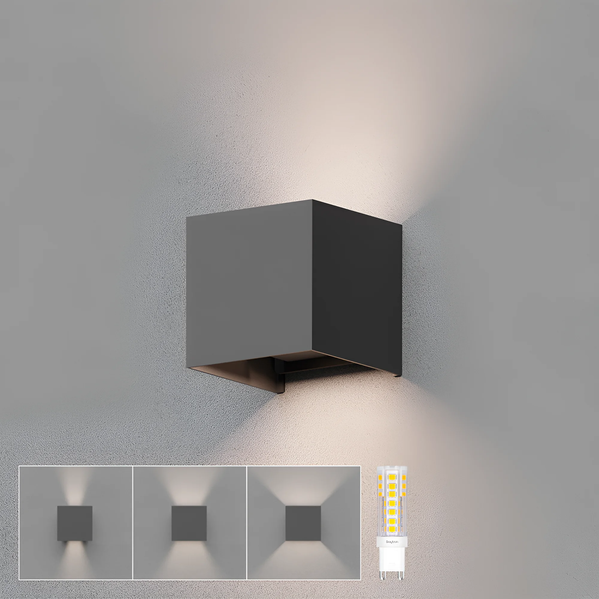 Braytron LED Wandleuchte in Würfelform für Außen & Innen, Aluminium Wandlampe IP54 mit austauschbarer G9 LED Lampe, einstellbarer Abstrahlwinkel, moderne Außenbeleuchtung für Haus & Garten (Grau) – Ansicht 2