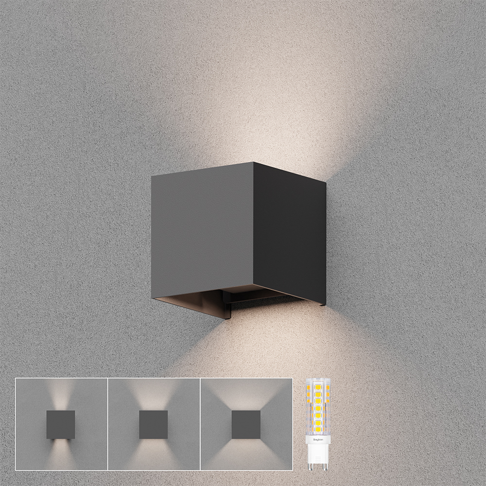 Braytron LED Wandleuchte in Würfelform für Außen & Innen, Aluminium Wandlampe IP54 mit austauschbarer G9 LED Lampe, einstellbarer Abstrahlwinkel, moderne Außenbeleuchtung für Haus & Garten (Grau) – Ansicht 2