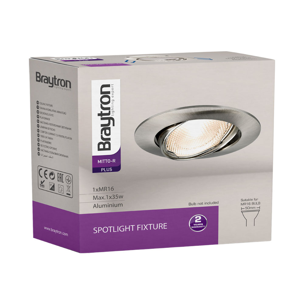 Braytron 3er Set Einbaustrahler GU10 – Einbaurahmen Rund für LED Spots, 230V inkl. GU10 Fassung, 30° schwenkbar, Deckenspot Einbauleuchte Ø68 mm Lochdurchmesser, Einbauspots für Trockenräume (Nickel) – Ansicht 6