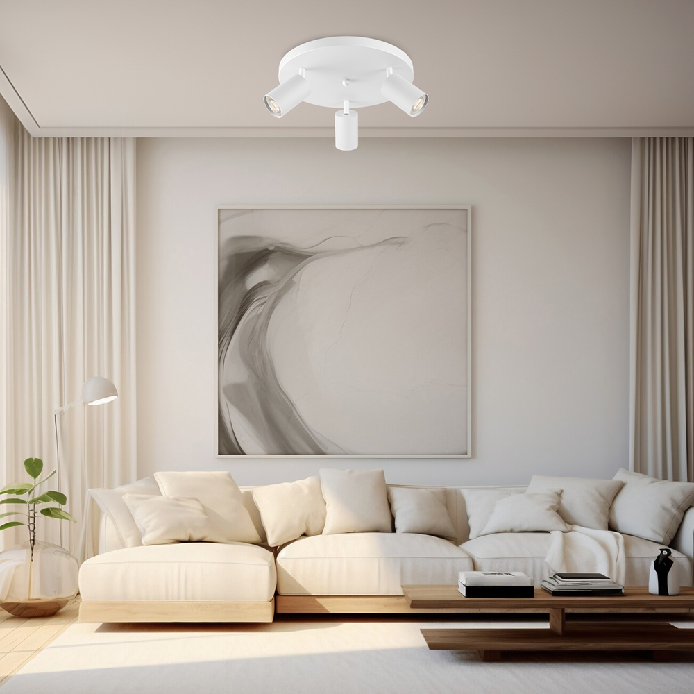 Braytron LED Deckenstrahler Rund 3 Flammig GU10 – Schwenkbare Deckenleuchte Ø300mm – Moderner Deckenspot 350° Drehbar – Aluminium in Weiß, Schwarz oder Gold – Spotlampe für Wohnzimmer, Küche (weiß) – Ansicht 2