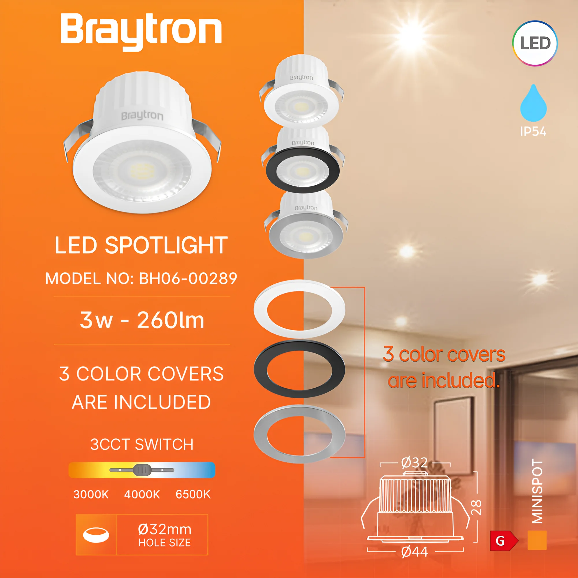 Braytron LED Deckenleuchte 3W Warmweiß, Neutralweiß, Kaltweiß 3IN1, 260 Lumen, IP54 Deckenlampe für Wohnzimmer, Küche, Flur (Weiß) – Ansicht 3
