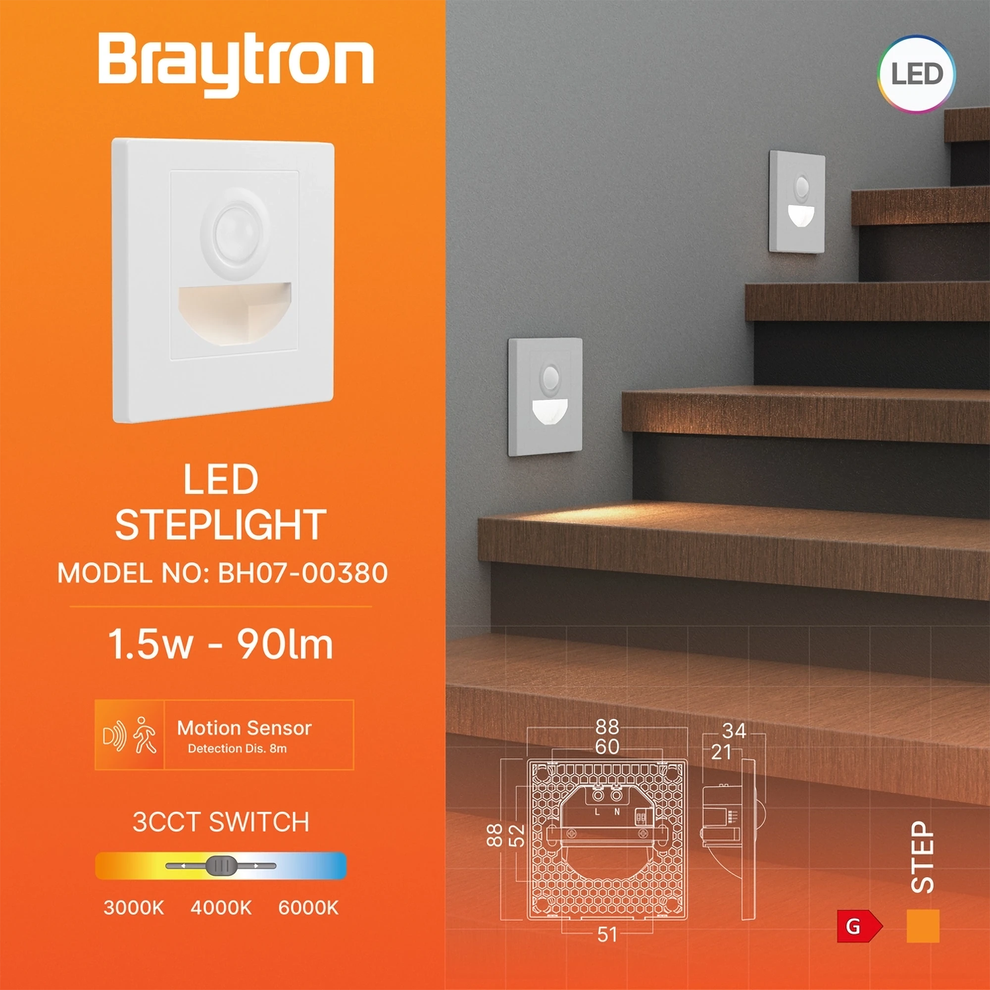 Braytron 1,5W LED Treppenlicht mit Bewegungsmelder – 3CCT Stufenbeleuchtung, 90lm, IP20, einstellbare Farbtemperatur 3000K/4000K/6500K, rechteckig schwarz oder weiß, 230V Innenbeleuchtung (Weiß) – Ansicht 3