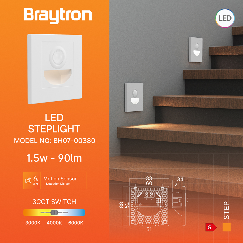 Braytron 1,5W LED Treppenlicht mit Bewegungsmelder – 3CCT Stufenbeleuchtung, 90lm, IP20, einstellbare Farbtemperatur 3000K/4000K/6500K, rechteckig schwarz oder weiß, 230V Innenbeleuchtung (Weiß) – Ansicht 3