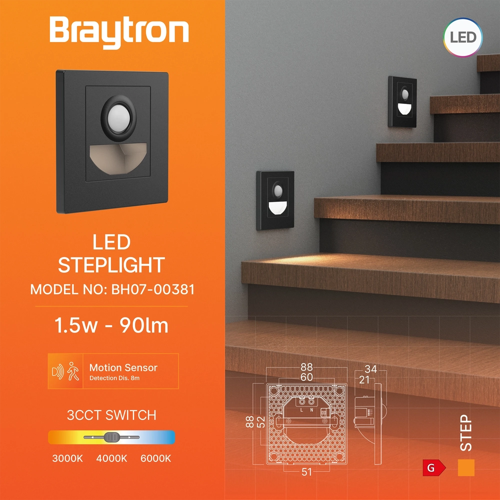 Braytron 1,5W LED Treppenlicht mit Bewegungsmelder – 3CCT Stufenbeleuchtung, 90lm, IP20, einstellbare Farbtemperatur 3000K/4000K/6500K, rechteckig schwarz oder weiß, 230V Innenbeleuchtung (Schwarz) – Ansicht 3