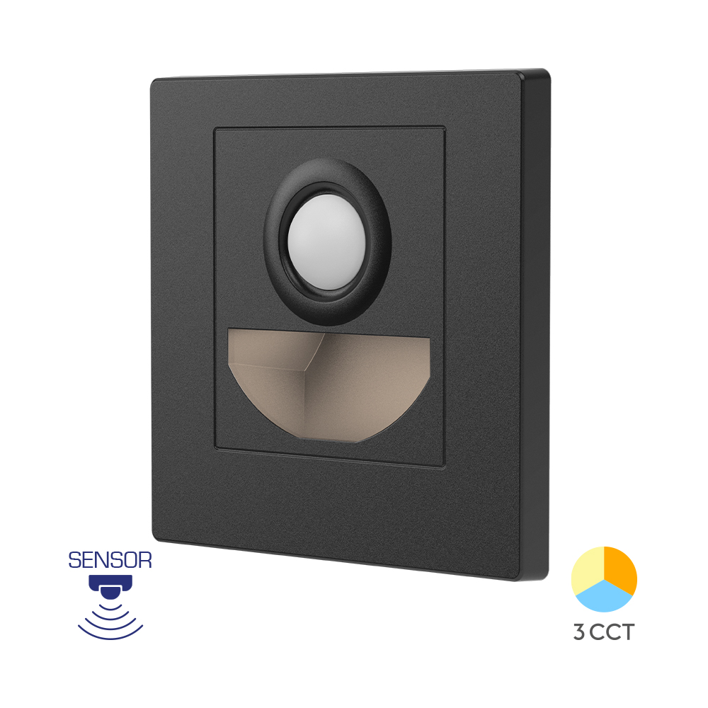 Braytron 1,5W LED Treppenlicht mit Bewegungsmelder – 3CCT Stufenbeleuchtung, 90lm, IP20, einstellbare Farbtemperatur 3000K/4000K/6500K, rechteckig schwarz oder weiß, 230V Innenbeleuchtung (Schwarz) – BH07-00381