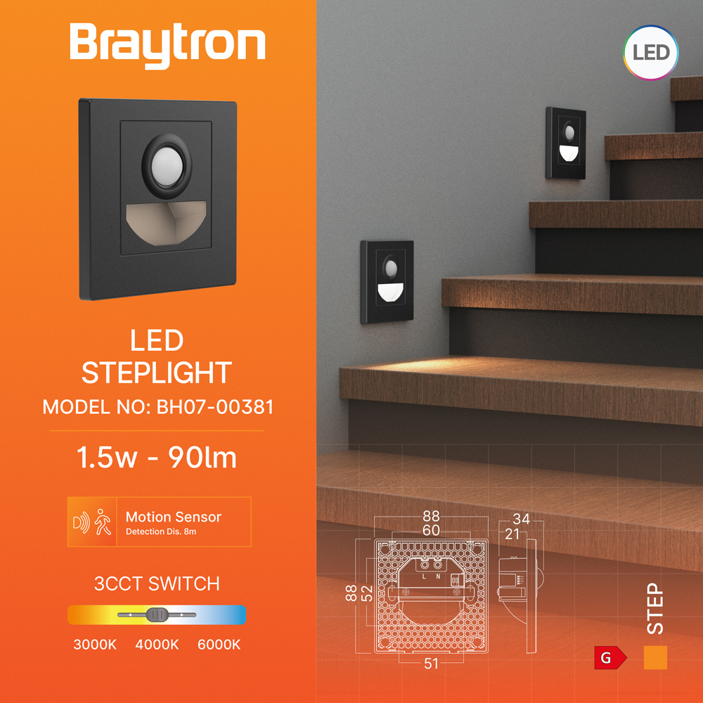 Braytron 1,5W LED Treppenlicht mit Bewegungsmelder – 3CCT Stufenbeleuchtung, 90lm, IP20, einstellbare Farbtemperatur 3000K/4000K/6500K, rechteckig schwarz oder weiß, 230V Innenbeleuchtung (Schwarz) – Ansicht 3