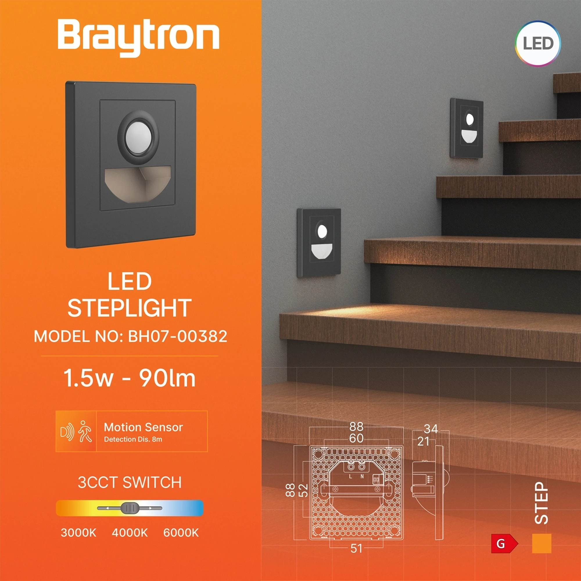 Braytron 1,5W LED Treppenlicht mit Bewegungsmelder – 3CCT Stufenbeleuchtung, 90lm, IP20, einstellbare Farbtemperatur 3000K/4000K/6500K, rechteckig schwarz oder weiß, 230V Innenbeleuchtung (Dunkelgrau) – Ansicht 3