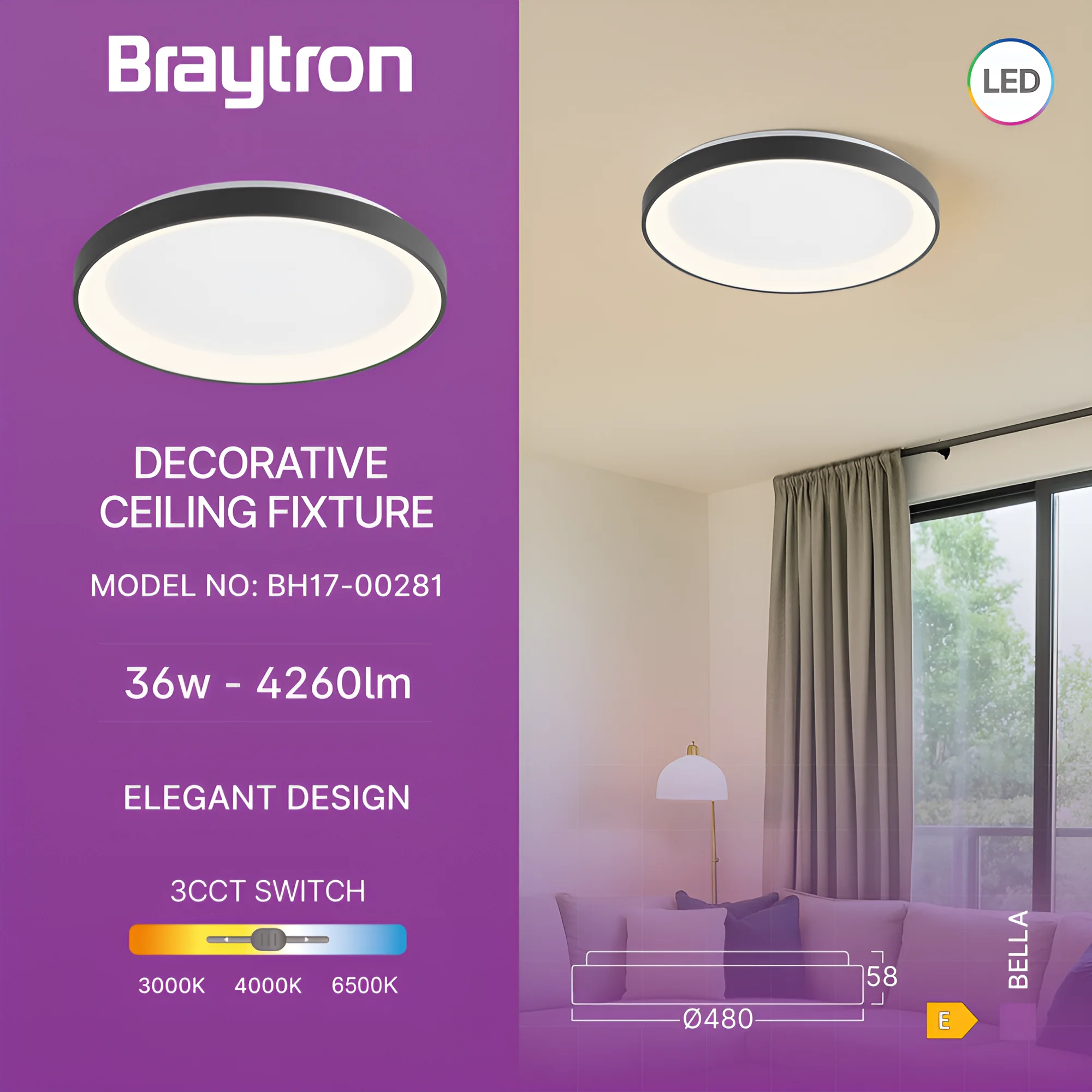 Braytron LED Wandleuchte 36W, 3200 Lumen, Warmweiß, Neutralweiß, Kaltweiß 3IN1, IP20, Wandlampe für Innen und Außen, Aluminium-PC (Schwarz) – Ansicht 3