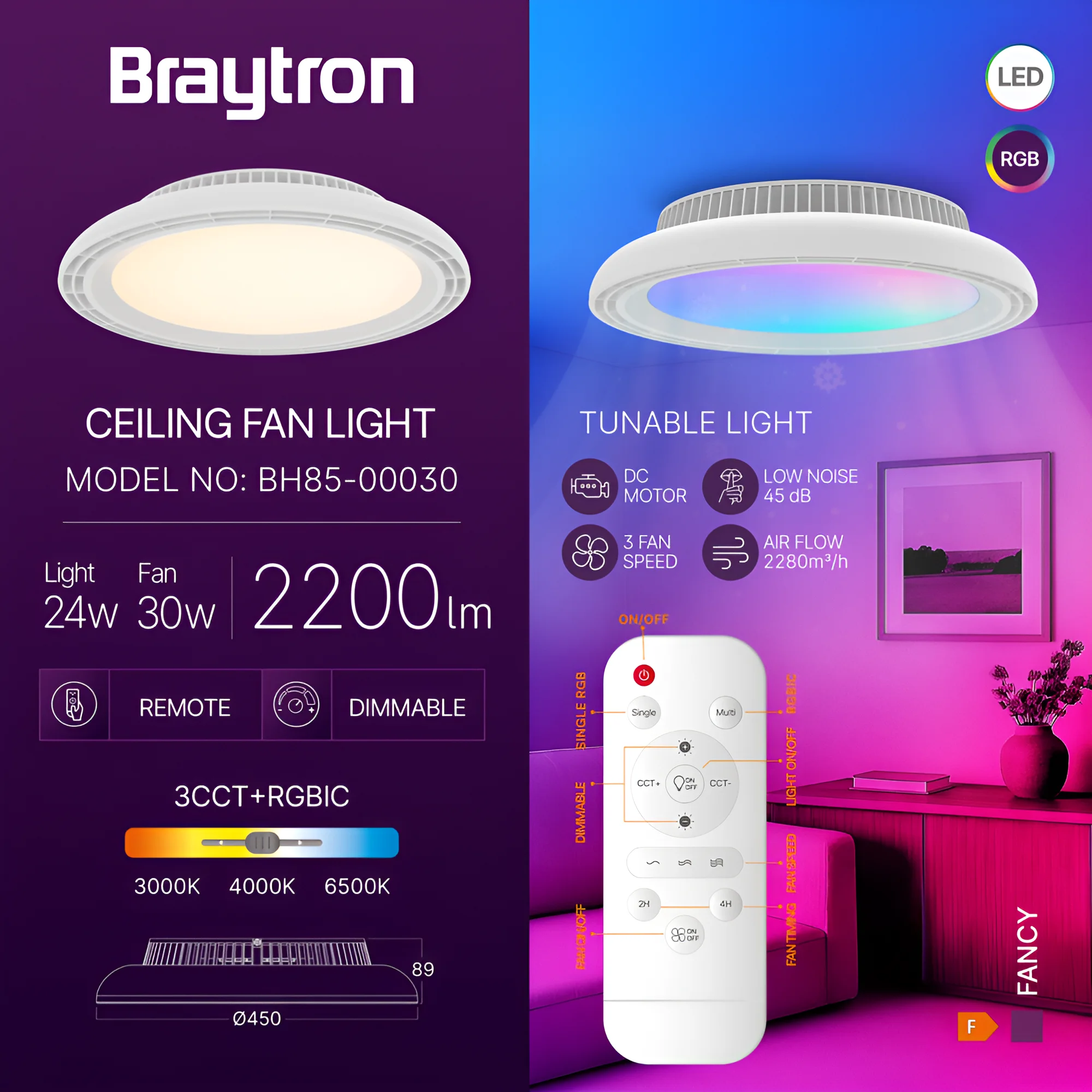 Braytron LED Deckenventilator mit Licht & Fernbedienung Ø45 cm – RGB + 3CCT (3000K/4000K/6500K), dimmbar, 24W LED + 30W Ventilator, 1700lm, moderner leiser Deckenlüfter für Wohnzimmer & Schlafzimmer – Ansicht 3