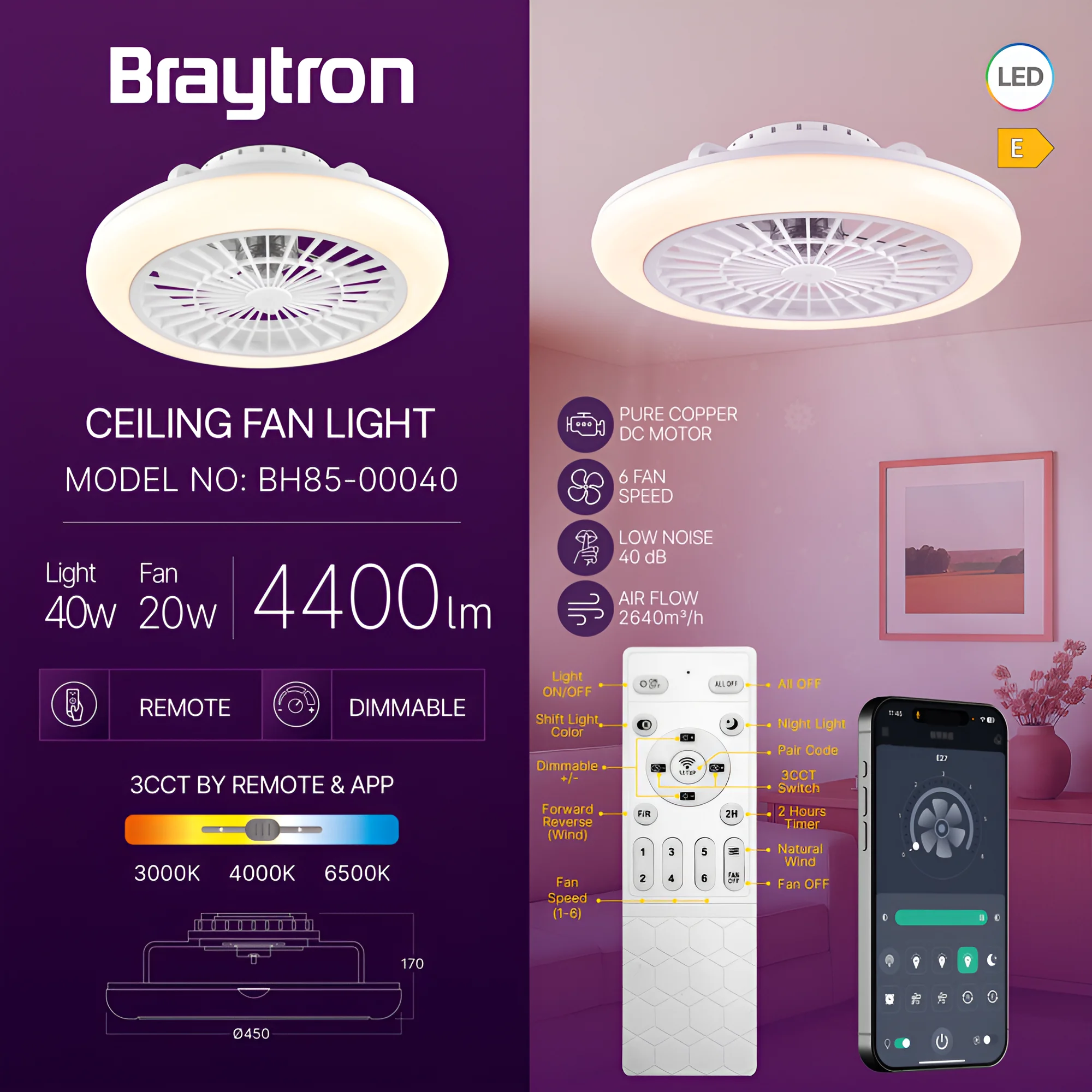 Braytron Deckenventilator mit Licht LED – 40W Deckenlampe + 20W Ventilator, Fernbedienung & App Steuerung, 3CCT Farbtemperatur, Ø45 cm moderner Deckenlüfter für Wohnzimmer, Schlafzimmer, Büro – Ansicht 3