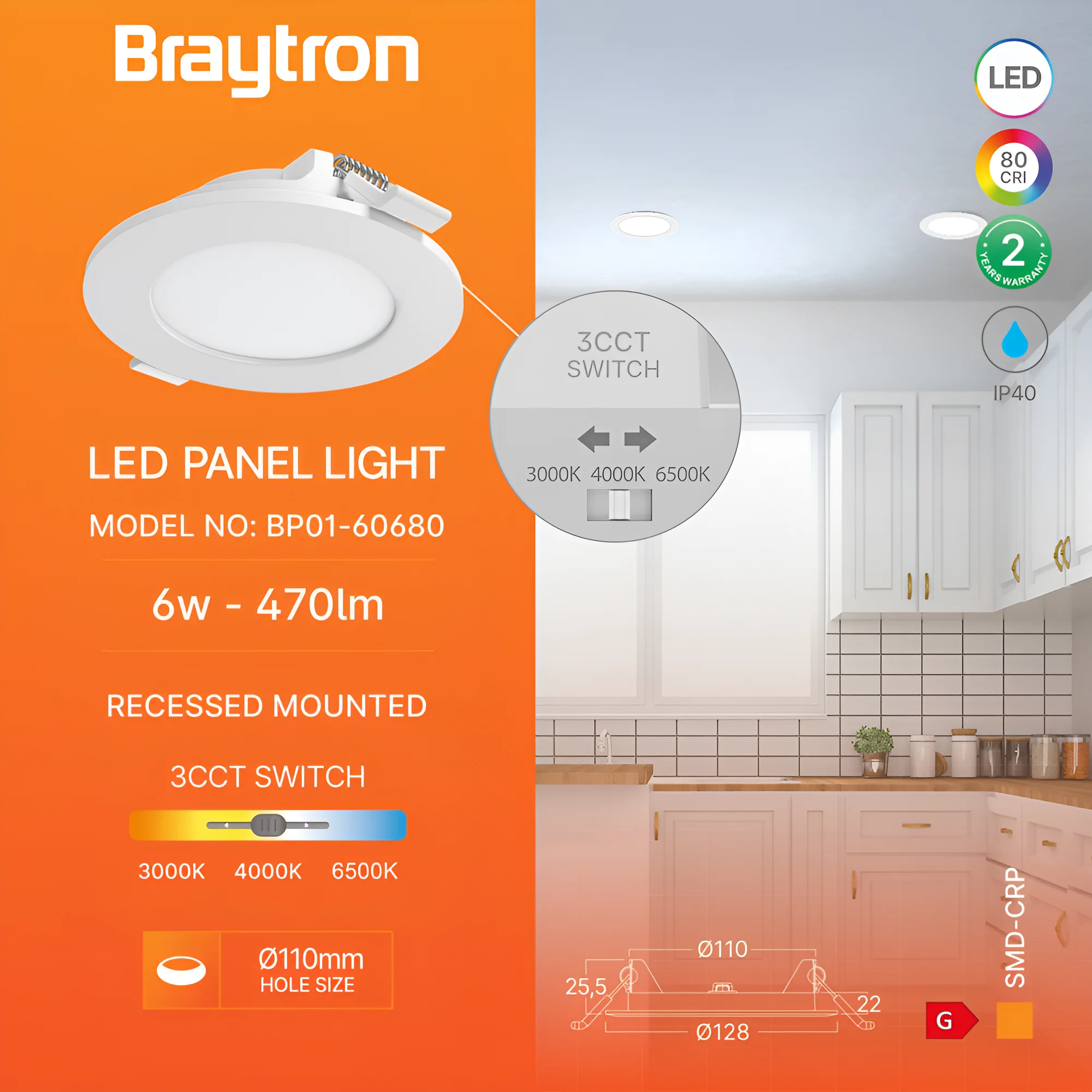 Braytron LED Deckenleuchte 6W 230V Anschluss Warmweiß, Neutralweiß, Kaltweiß 3IN1, 470 Lumen, IP40 Deckenlampe für Wohnzimmer, Küche, Flur (Weiß) – Ansicht 3